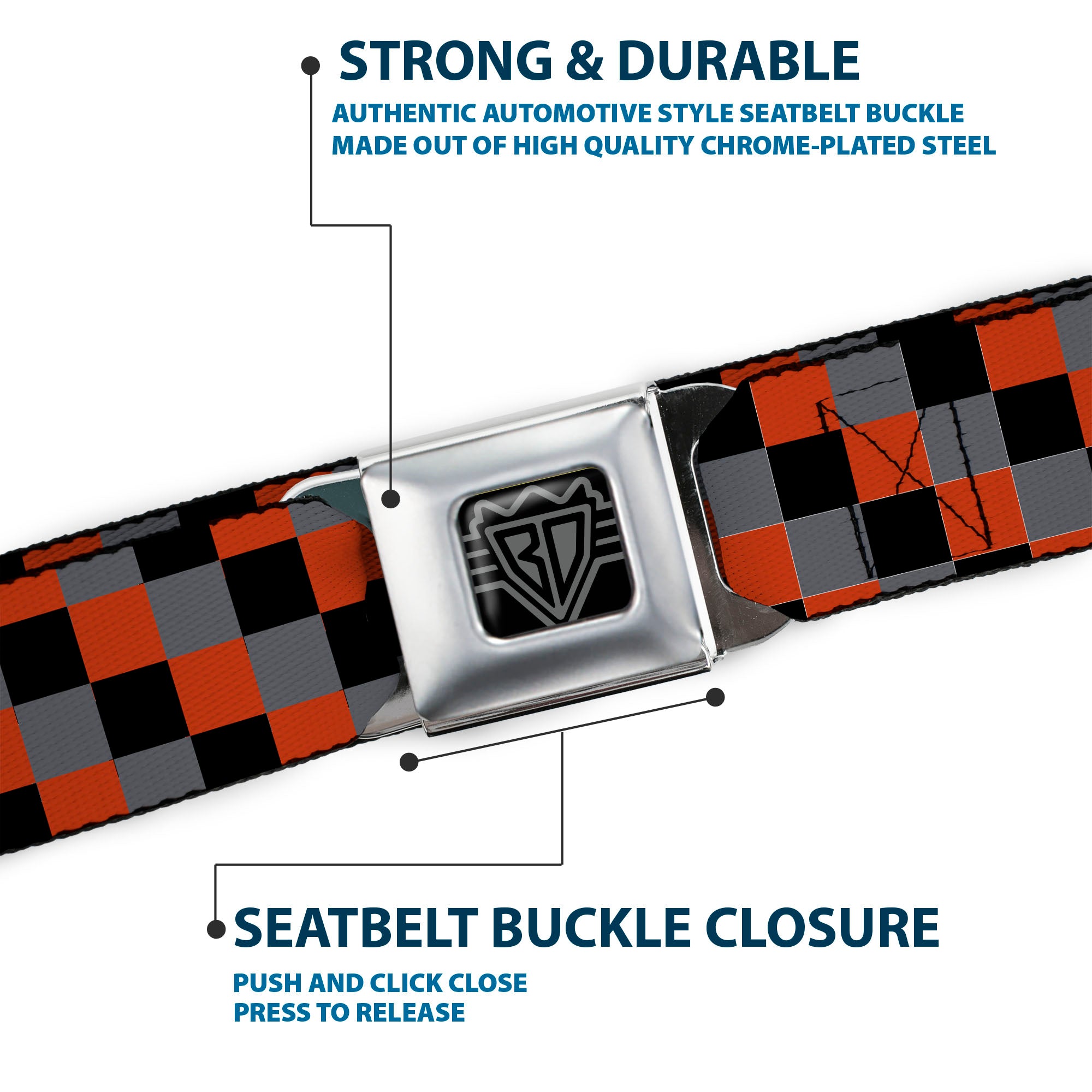 BD Wings Logo CLOSE-UP Full Color Black Silver Seatbelt Belt - Checker Trio Gray/Black/Red Webbing Seatbelt Belts Buckle-Down