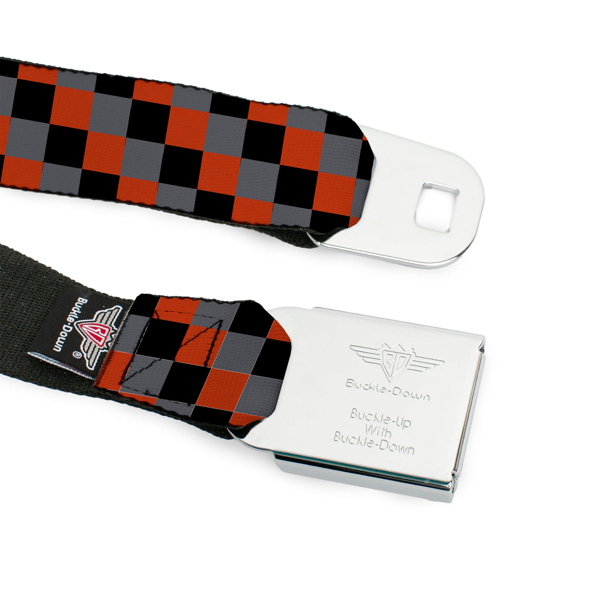 BD Wings Logo CLOSE-UP Full Color Black Silver Seatbelt Belt - Checker Trio Gray/Black/Red Webbing Seatbelt Belts Buckle-Down