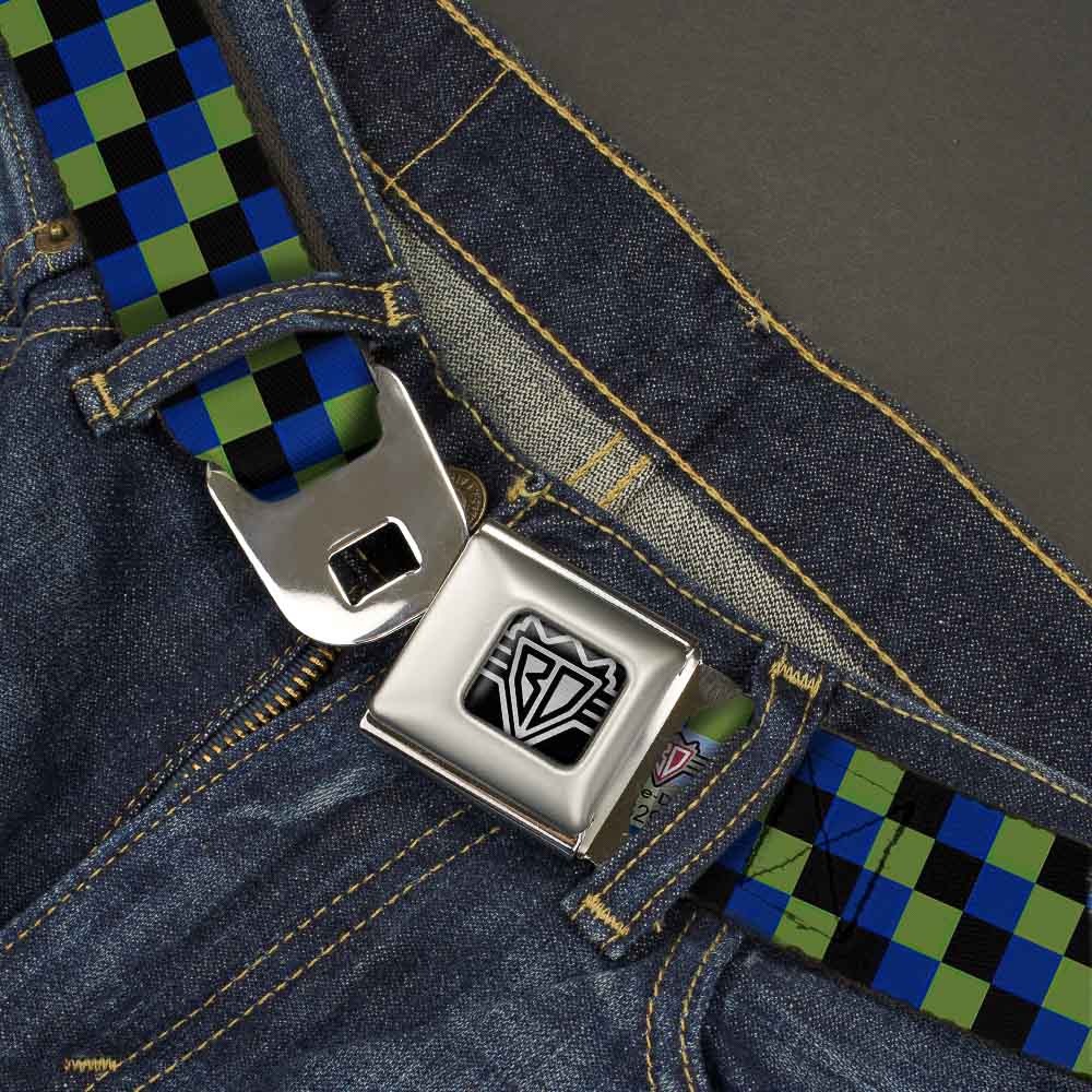 BD Wings Logo CLOSE-UP Full Color Black Silver Seatbelt Belt - Checker Trio Green/Black/Blue Webbing Seatbelt Belts Buckle-Down