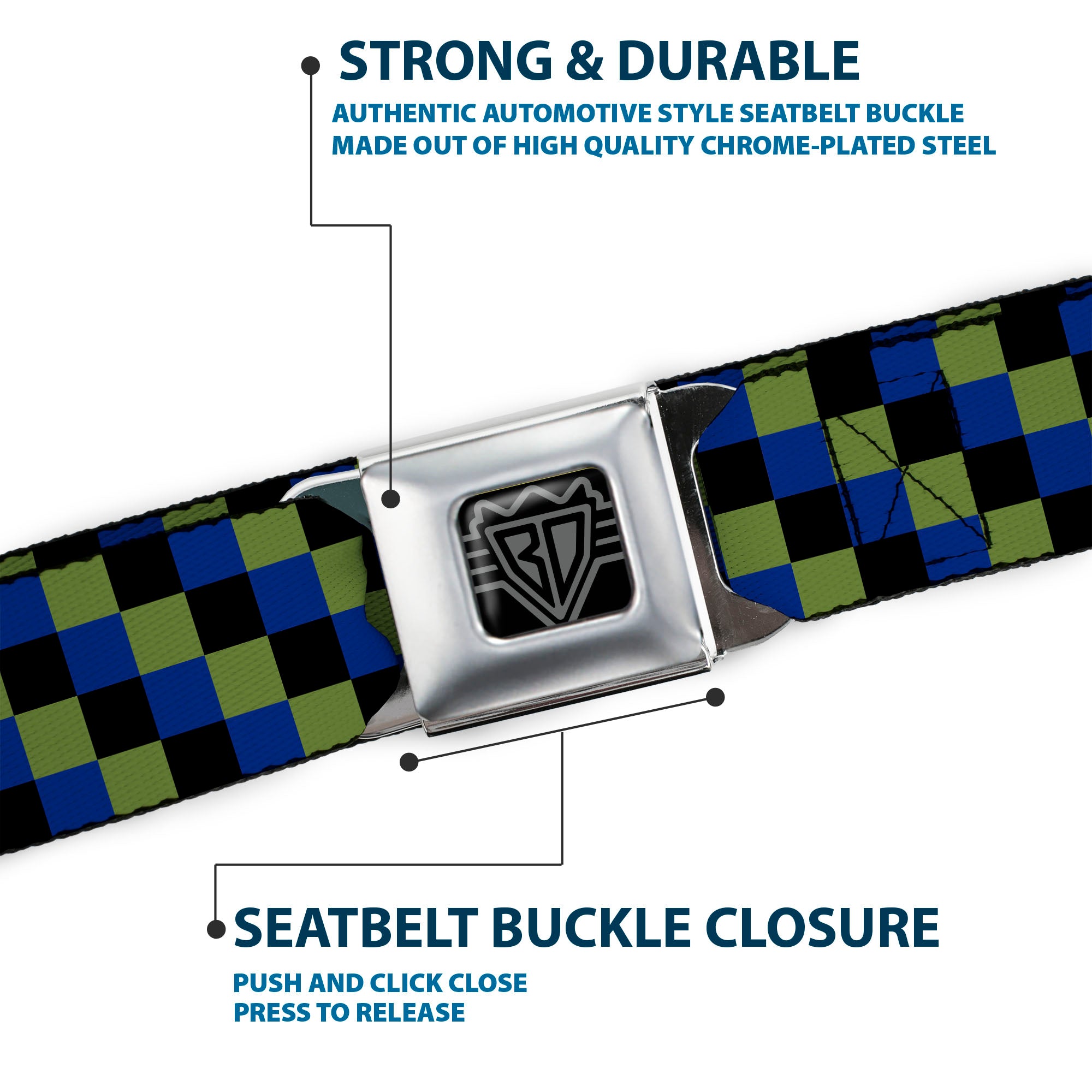BD Wings Logo CLOSE-UP Full Color Black Silver Seatbelt Belt - Checker Trio Green/Black/Blue Webbing Seatbelt Belts Buckle-Down