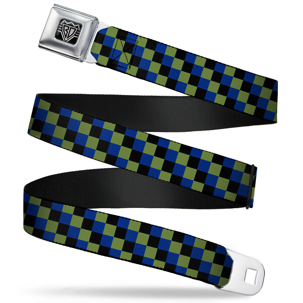 BD Wings Logo CLOSE-UP Full Color Black Silver Seatbelt Belt - Checker Trio Green/Black/Blue Webbing Seatbelt Belts Buckle-Down