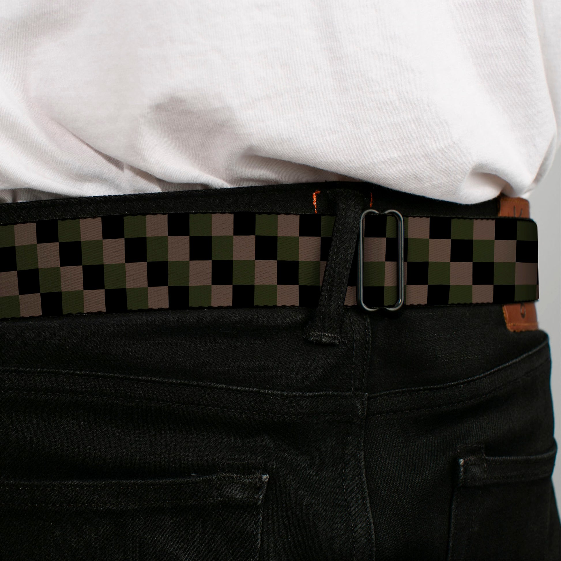 BD Wings Logo CLOSE-UP Full Color Black Silver Seatbelt Belt - Checker Trio Tan/Black/Olive Webbing Seatbelt Belts Buckle-Down