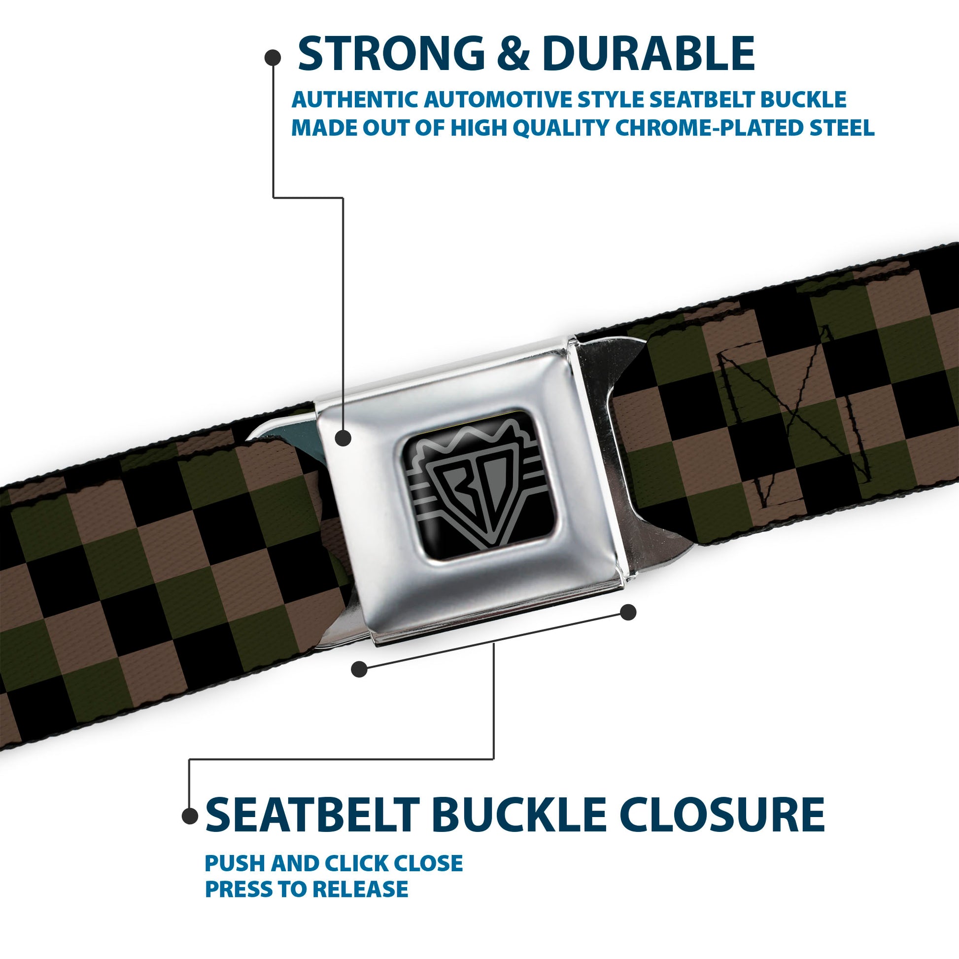 BD Wings Logo CLOSE-UP Full Color Black Silver Seatbelt Belt - Checker Trio Tan/Black/Olive Webbing Seatbelt Belts Buckle-Down