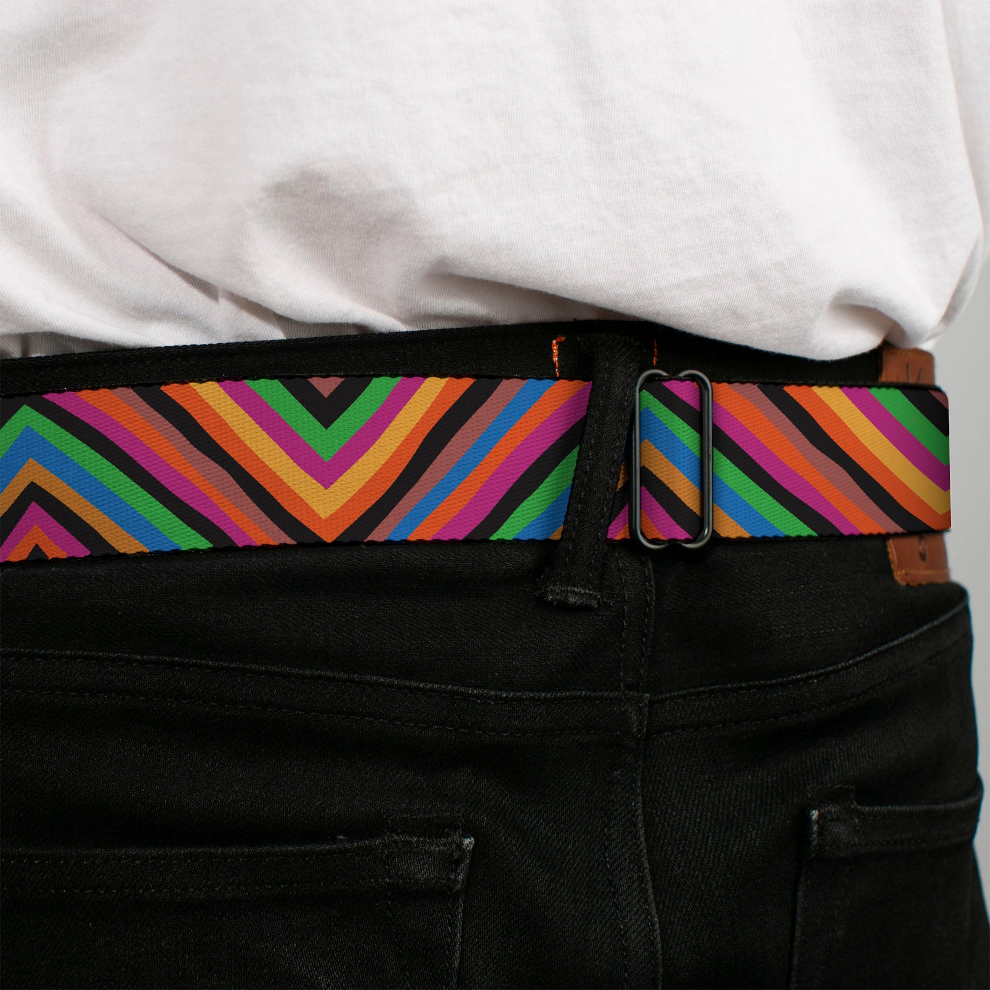 BD Wings Logo CLOSE-UP Full Color Black Silver Seatbelt Belt - Chevron Freehand Multi Color Webbing Seatbelt Belts Buckle-Down