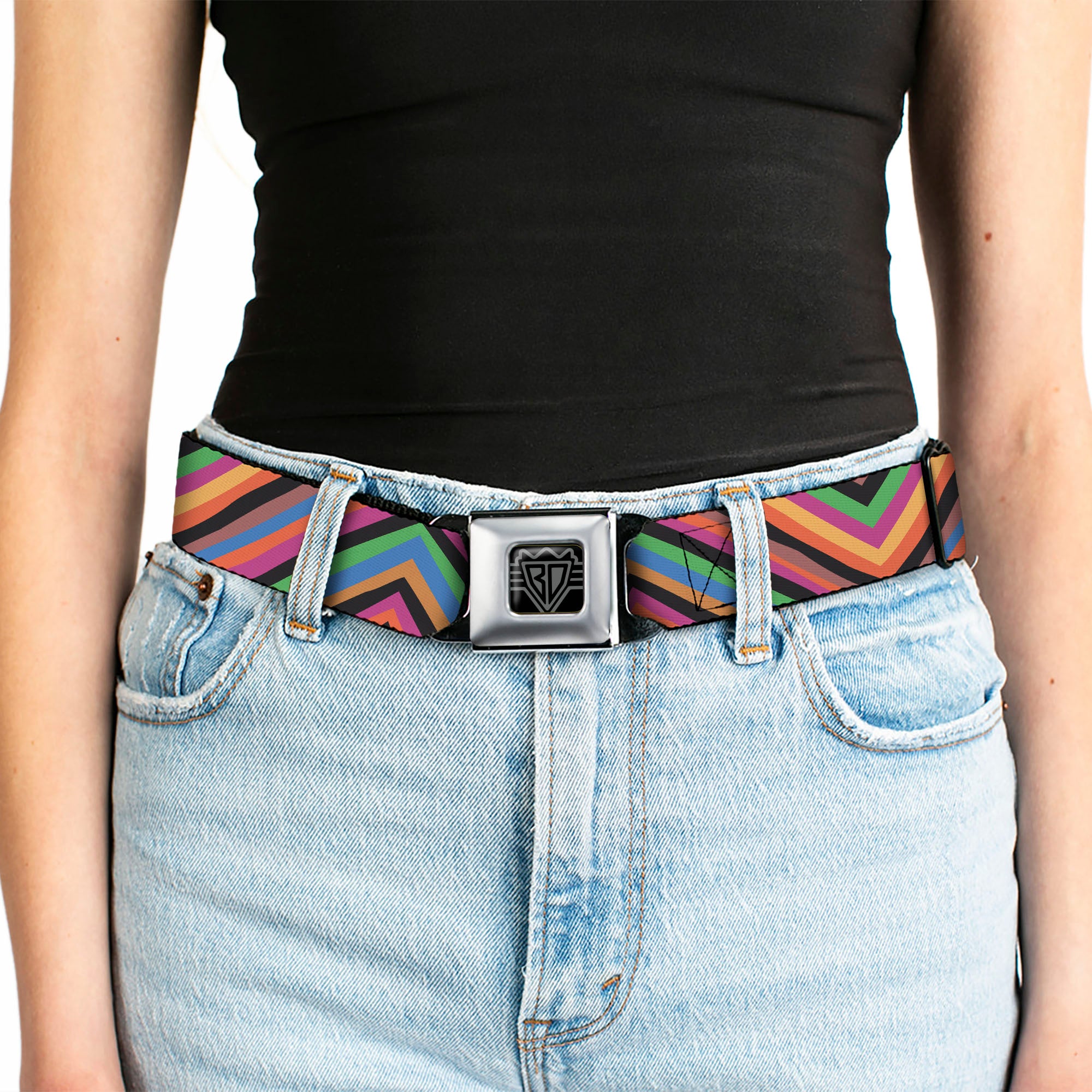 BD Wings Logo CLOSE-UP Full Color Black Silver Seatbelt Belt - Chevron Freehand Multi Color Webbing Seatbelt Belts Buckle-Down