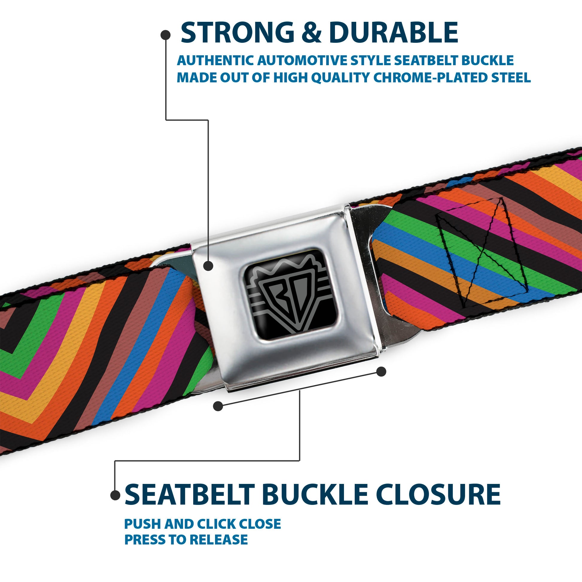 BD Wings Logo CLOSE-UP Full Color Black Silver Seatbelt Belt - Chevron Freehand Multi Color Webbing Seatbelt Belts Buckle-Down