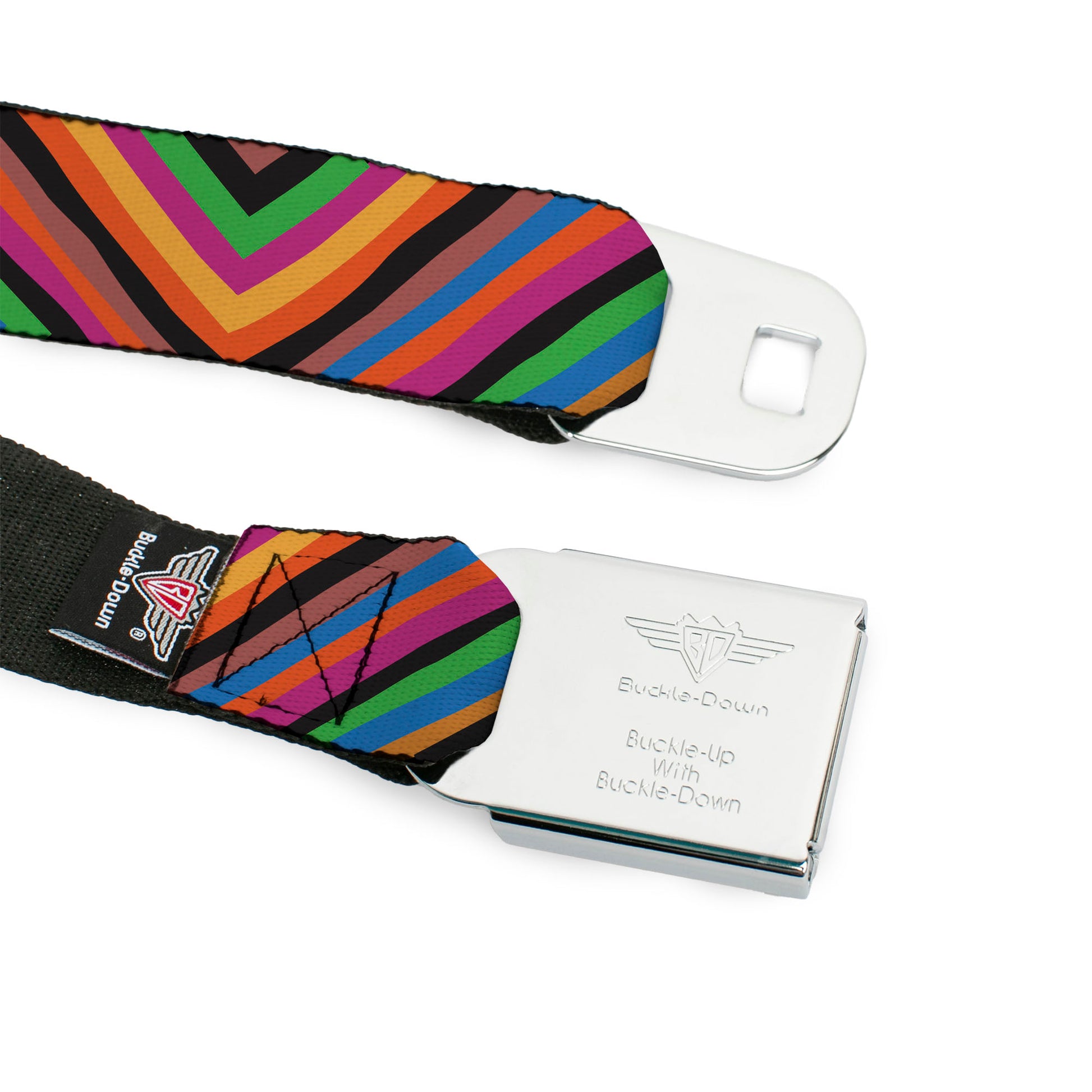BD Wings Logo CLOSE-UP Full Color Black Silver Seatbelt Belt - Chevron Freehand Multi Color Webbing Seatbelt Belts Buckle-Down