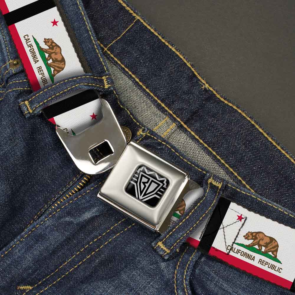 BD Wings Logo CLOSE-UP Full Color Black Silver Seatbelt Belt - California Flag Repeat/Black Webbing Seatbelt Belts Buckle-Down