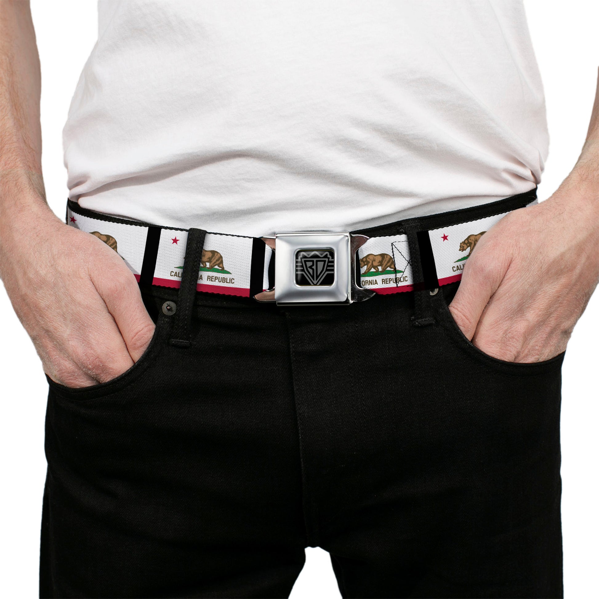 BD Wings Logo CLOSE-UP Full Color Black Silver Seatbelt Belt - California Flag Repeat/Black Webbing Seatbelt Belts Buckle-Down