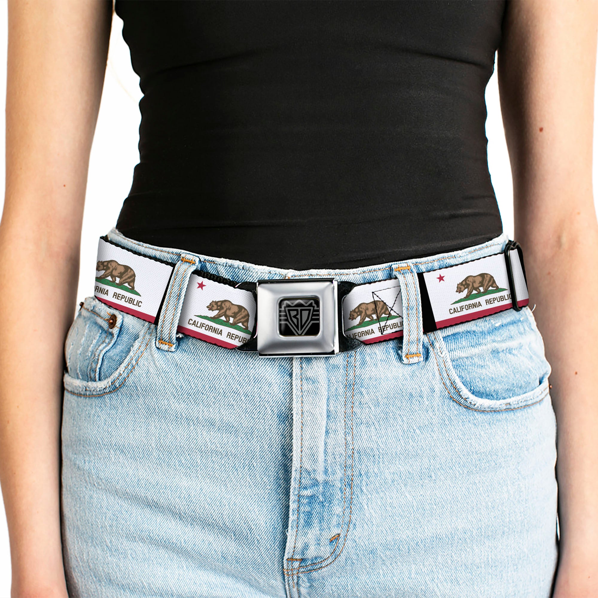 BD Wings Logo CLOSE-UP Full Color Black Silver Seatbelt Belt - California Flag Repeat/Black Webbing Seatbelt Belts Buckle-Down