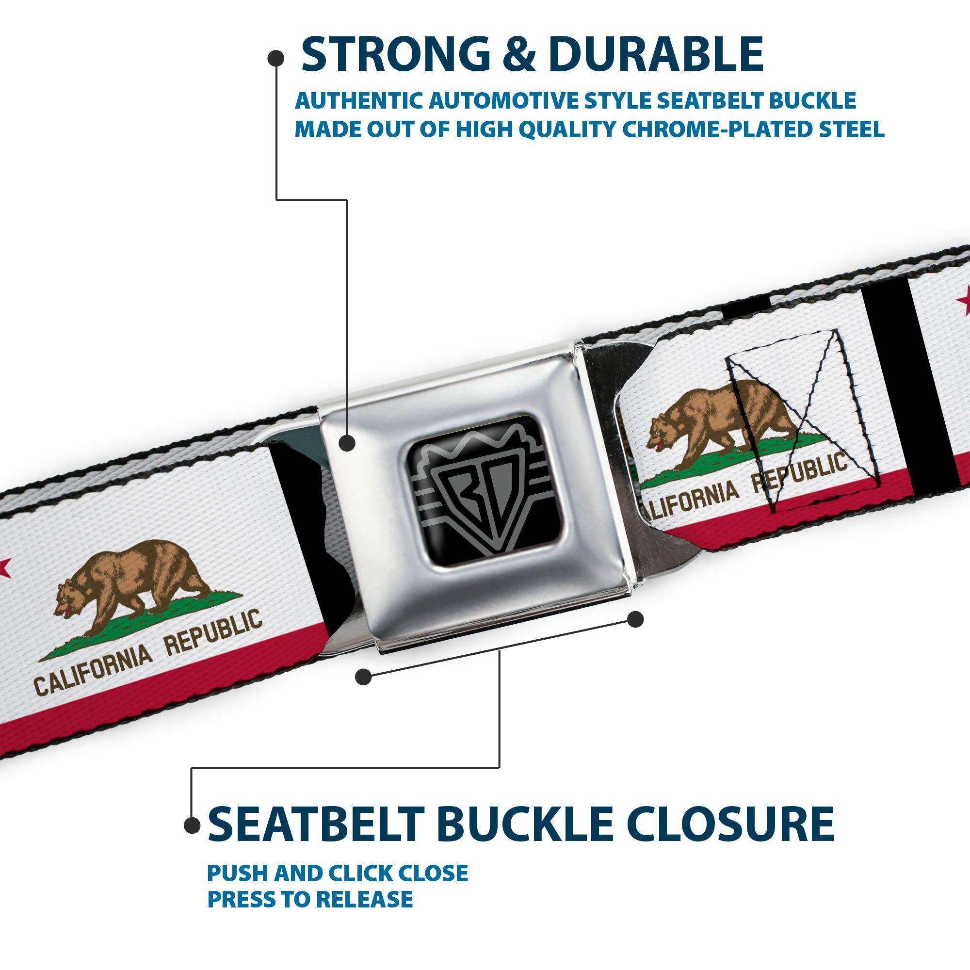 BD Wings Logo CLOSE-UP Full Color Black Silver Seatbelt Belt - California Flag Repeat/Black Webbing Seatbelt Belts Buckle-Down