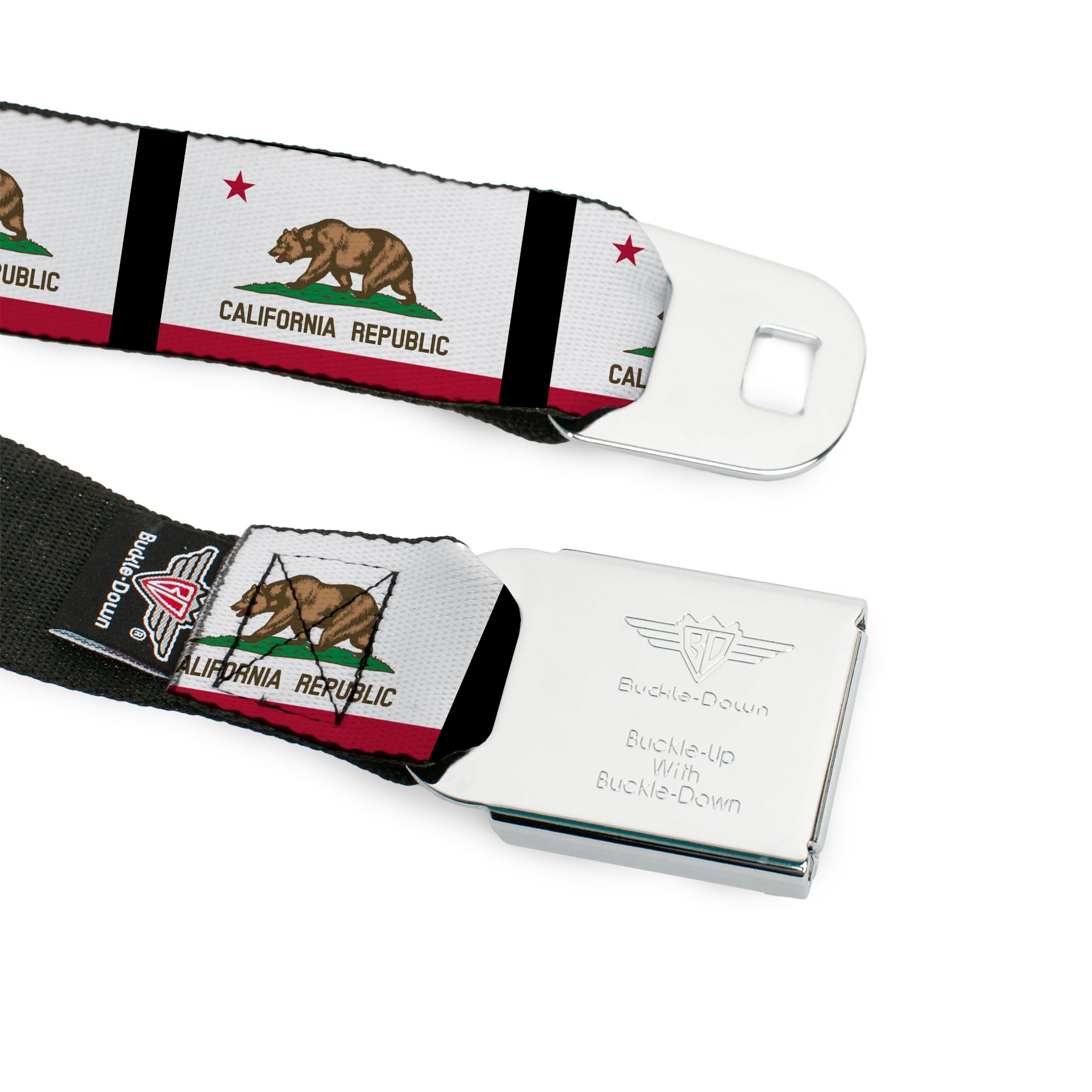 BD Wings Logo CLOSE-UP Full Color Black Silver Seatbelt Belt - California Flag Repeat/Black Webbing Seatbelt Belts Buckle-Down