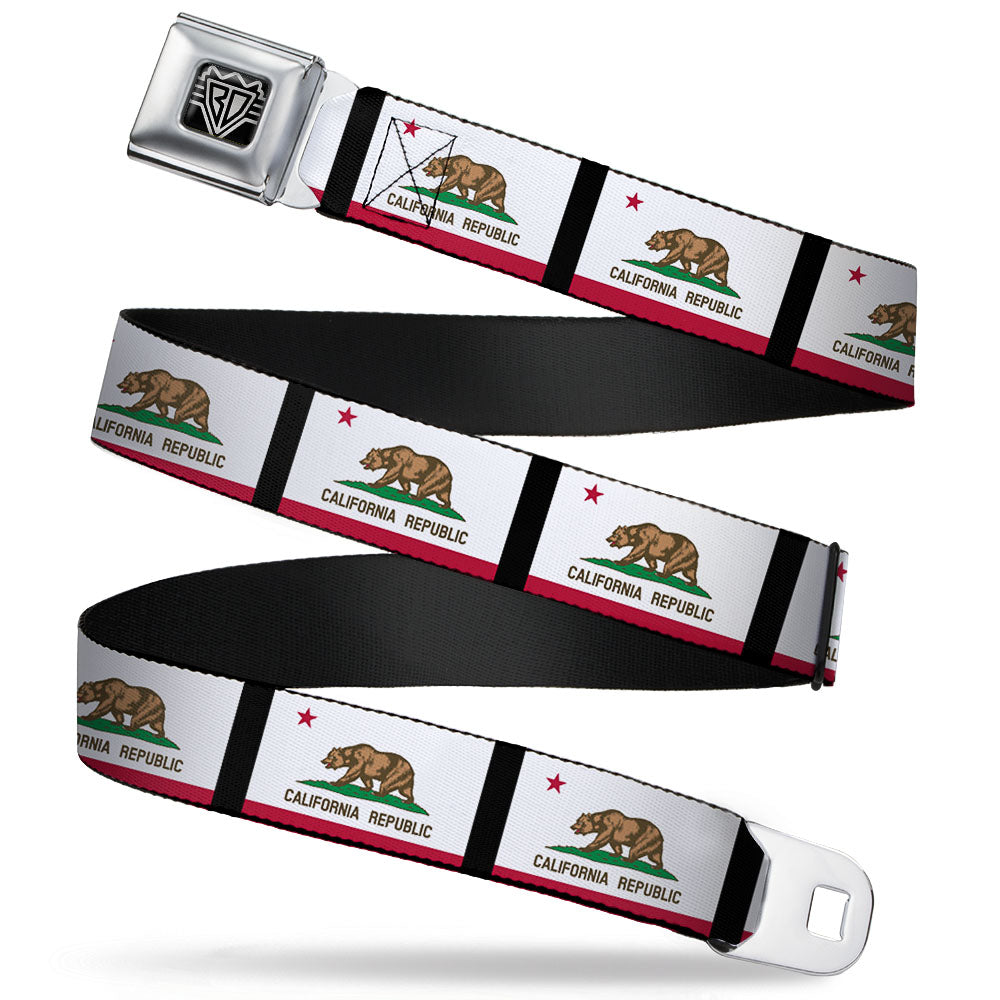 BD Wings Logo CLOSE-UP Full Color Black Silver Seatbelt Belt - California Flag Repeat/Black Webbing Seatbelt Belts Buckle-Down