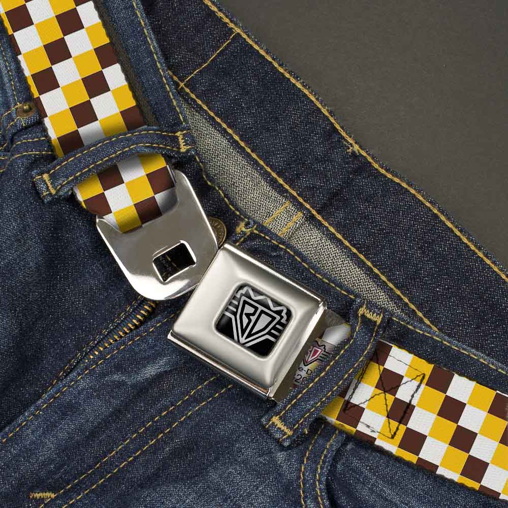 BD Wings Logo CLOSE-UP Full Color Black Silver Seatbelt Belt - Checker White/Gold/Brown Webbing Seatbelt Belts Buckle-Down