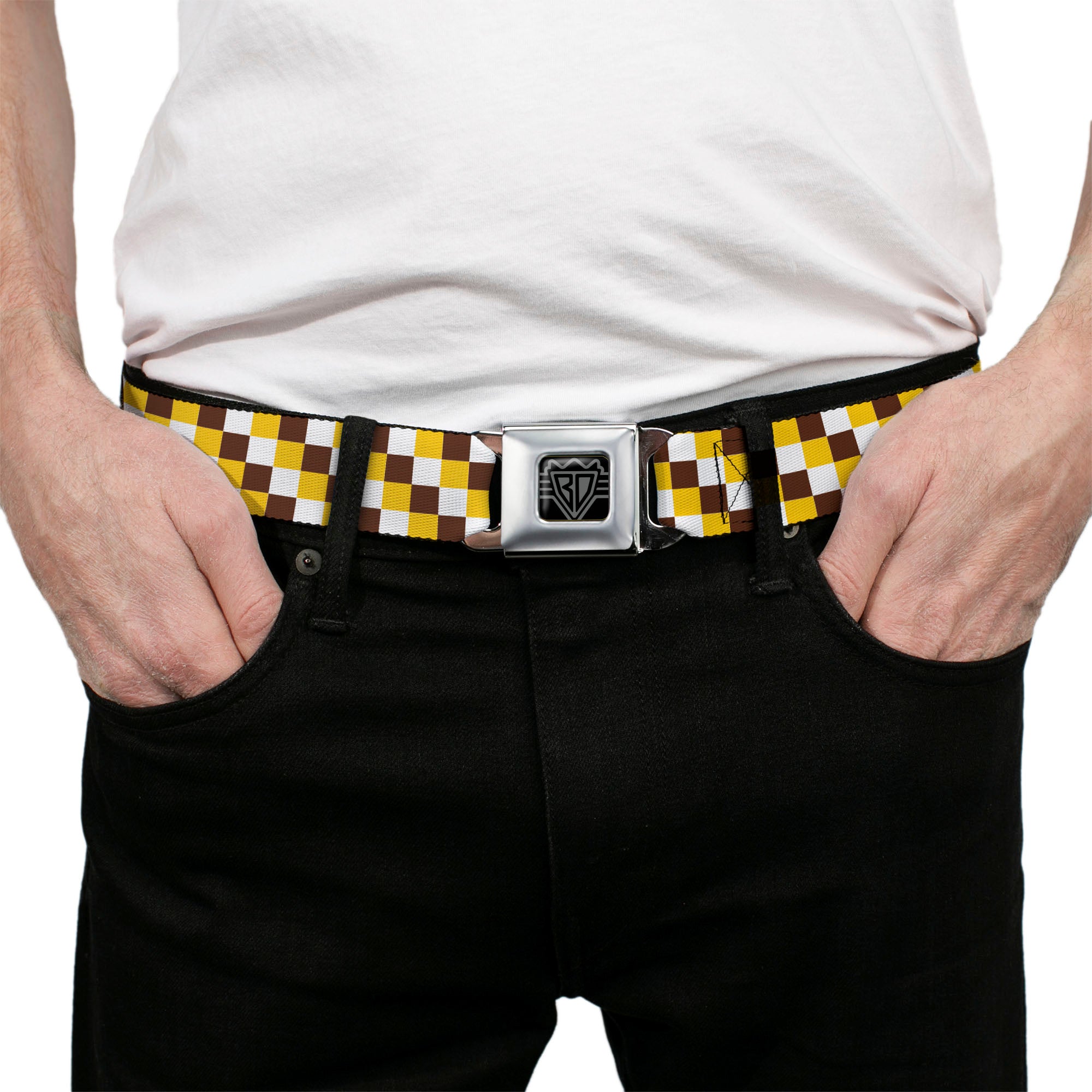 BD Wings Logo CLOSE-UP Full Color Black Silver Seatbelt Belt - Checker White/Gold/Brown Webbing Seatbelt Belts Buckle-Down