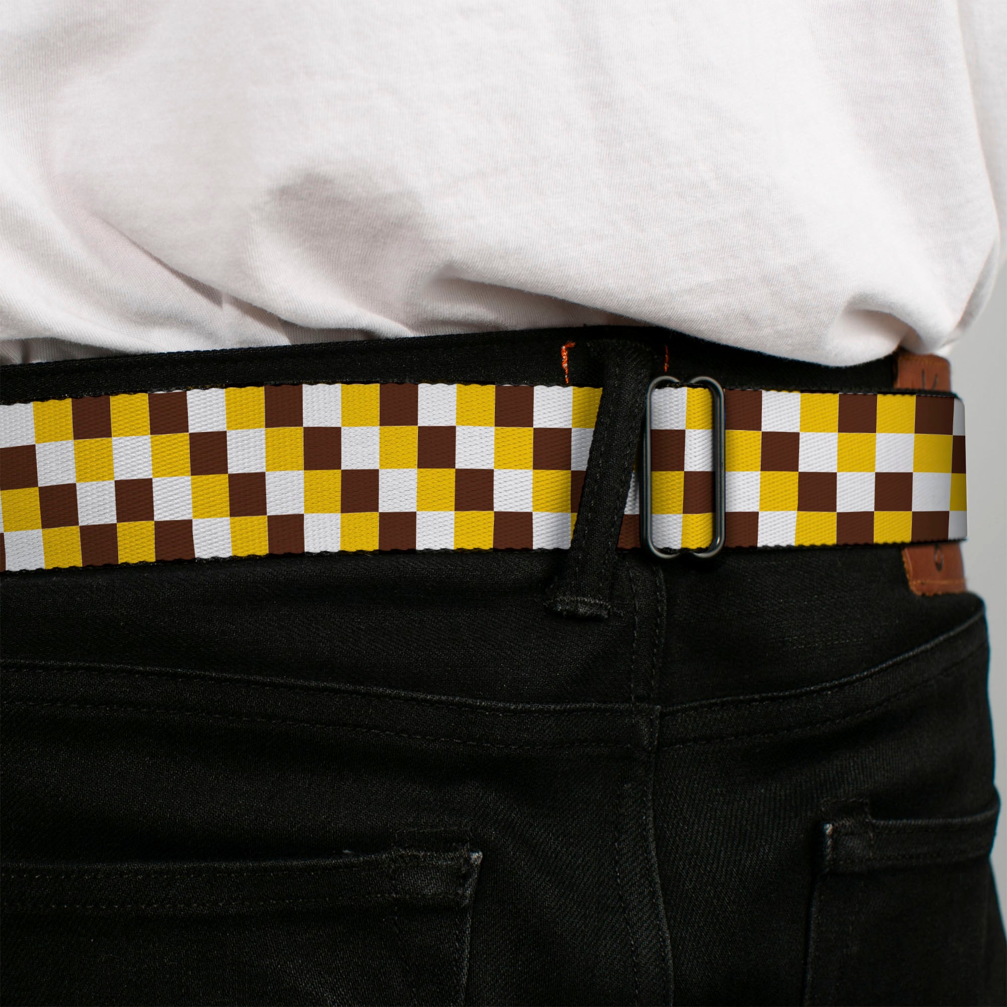 BD Wings Logo CLOSE-UP Full Color Black Silver Seatbelt Belt - Checker White/Gold/Brown Webbing Seatbelt Belts Buckle-Down