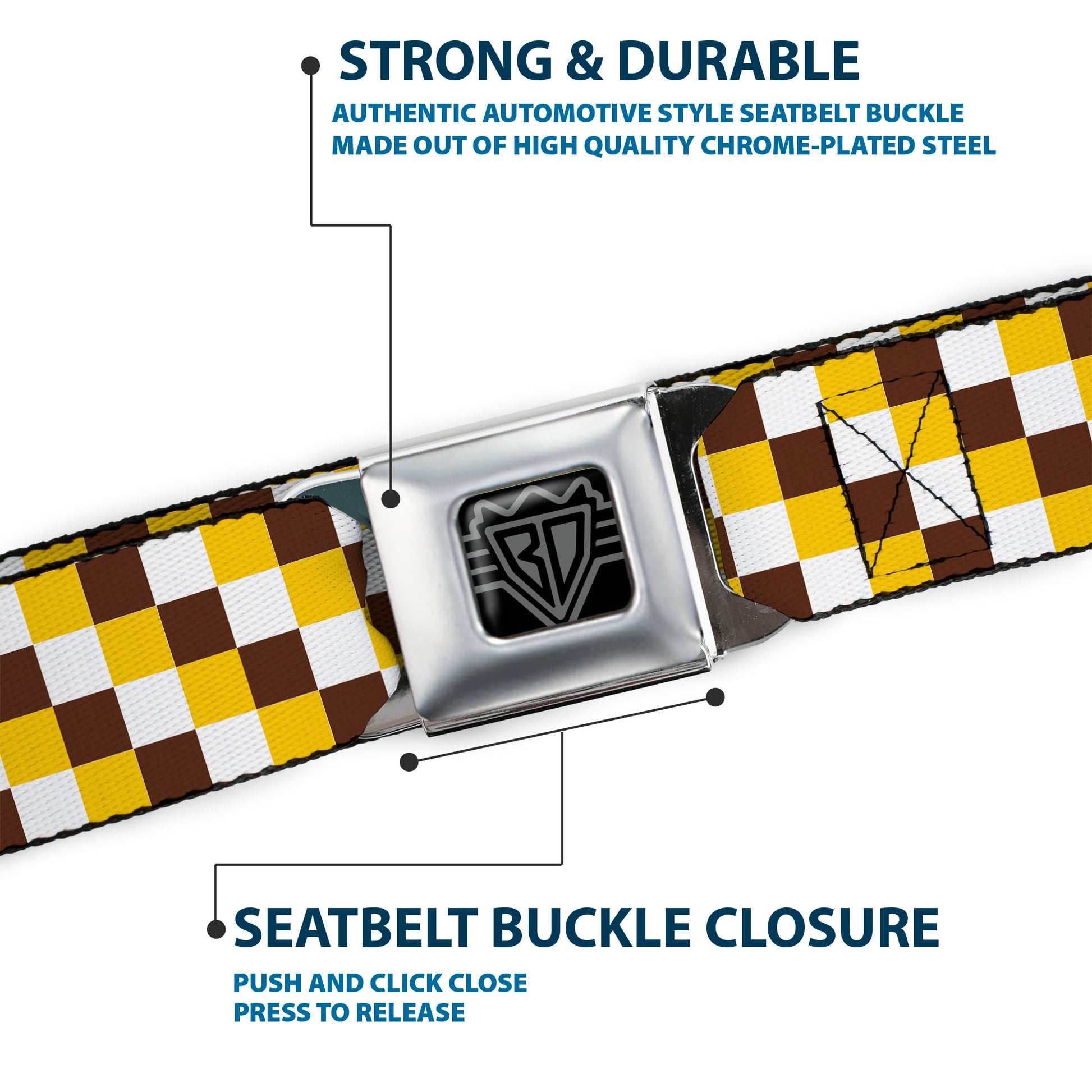 BD Wings Logo CLOSE-UP Full Color Black Silver Seatbelt Belt - Checker White/Gold/Brown Webbing Seatbelt Belts Buckle-Down