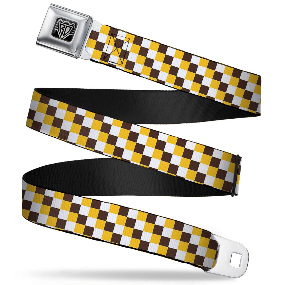 BD Wings Logo CLOSE-UP Full Color Black Silver Seatbelt Belt - Checker White/Gold/Brown Webbing Seatbelt Belts Buckle-Down