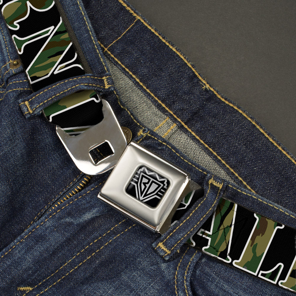 BD Wings Logo CLOSE-UP Full Color Black Silver Seatbelt Belt - CALIFORNIA/Bear Silhouette Black/Camo Olive Webbing Seatbelt Belts Buckle-Down