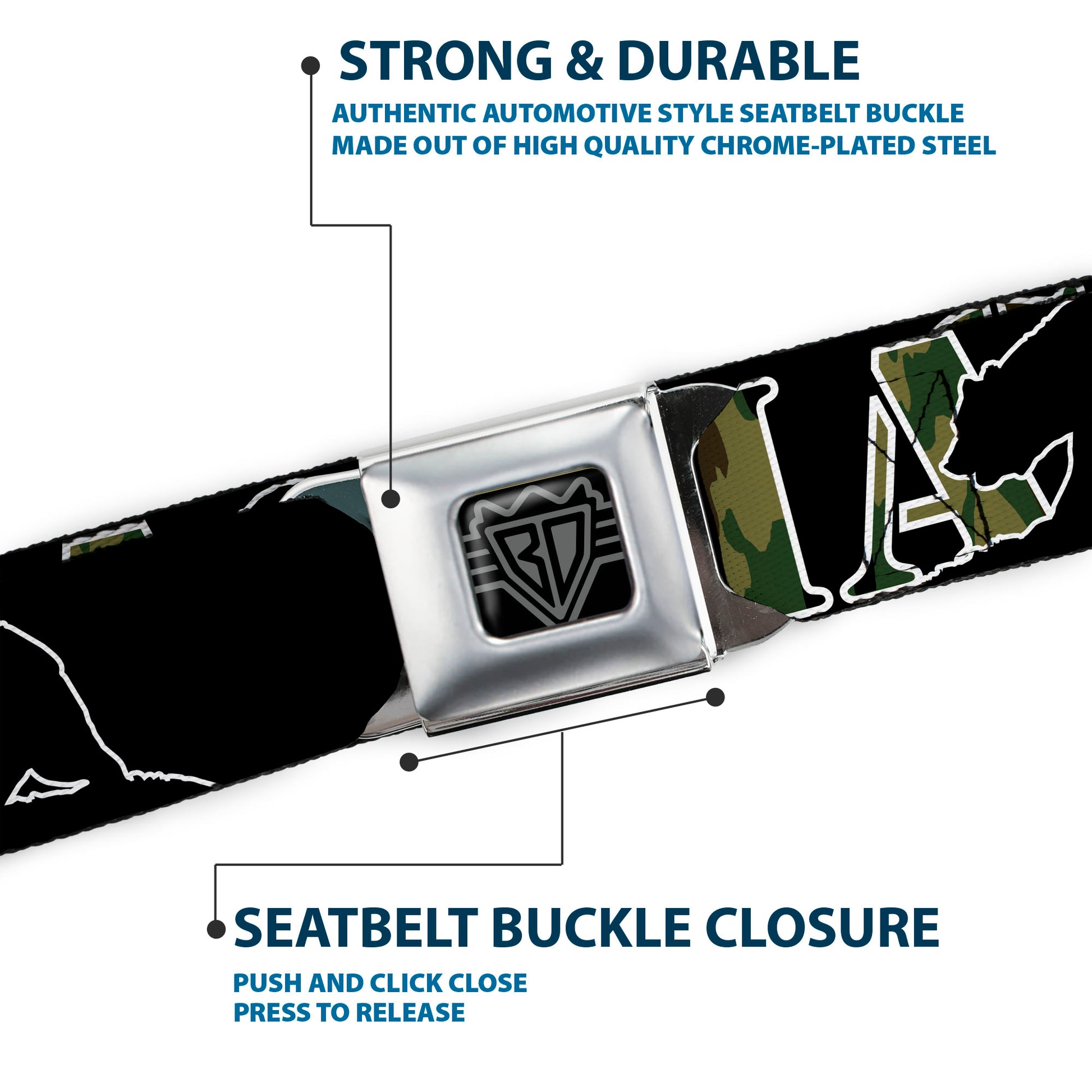 BD Wings Logo CLOSE-UP Full Color Black Silver Seatbelt Belt - CALIFORNIA/Bear Silhouette Black/Camo Olive Webbing Seatbelt Belts Buckle-Down