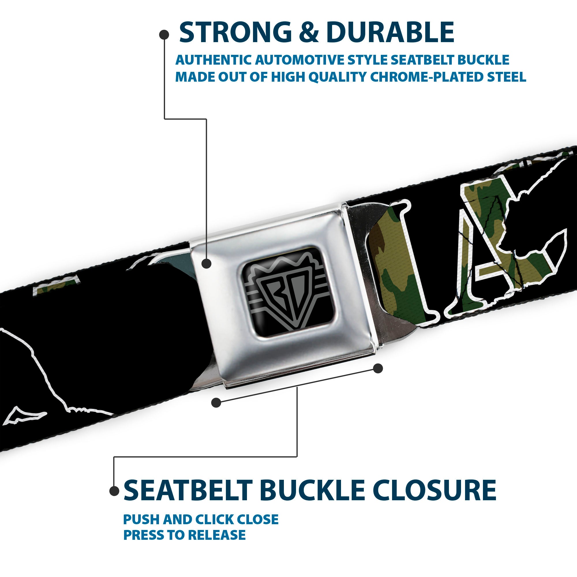BD Wings Logo CLOSE-UP Full Color Black Silver Seatbelt Belt - CALIFORNIA/Bear Silhouette Black/Camo Olive Webbing Seatbelt Belts Buckle-Down