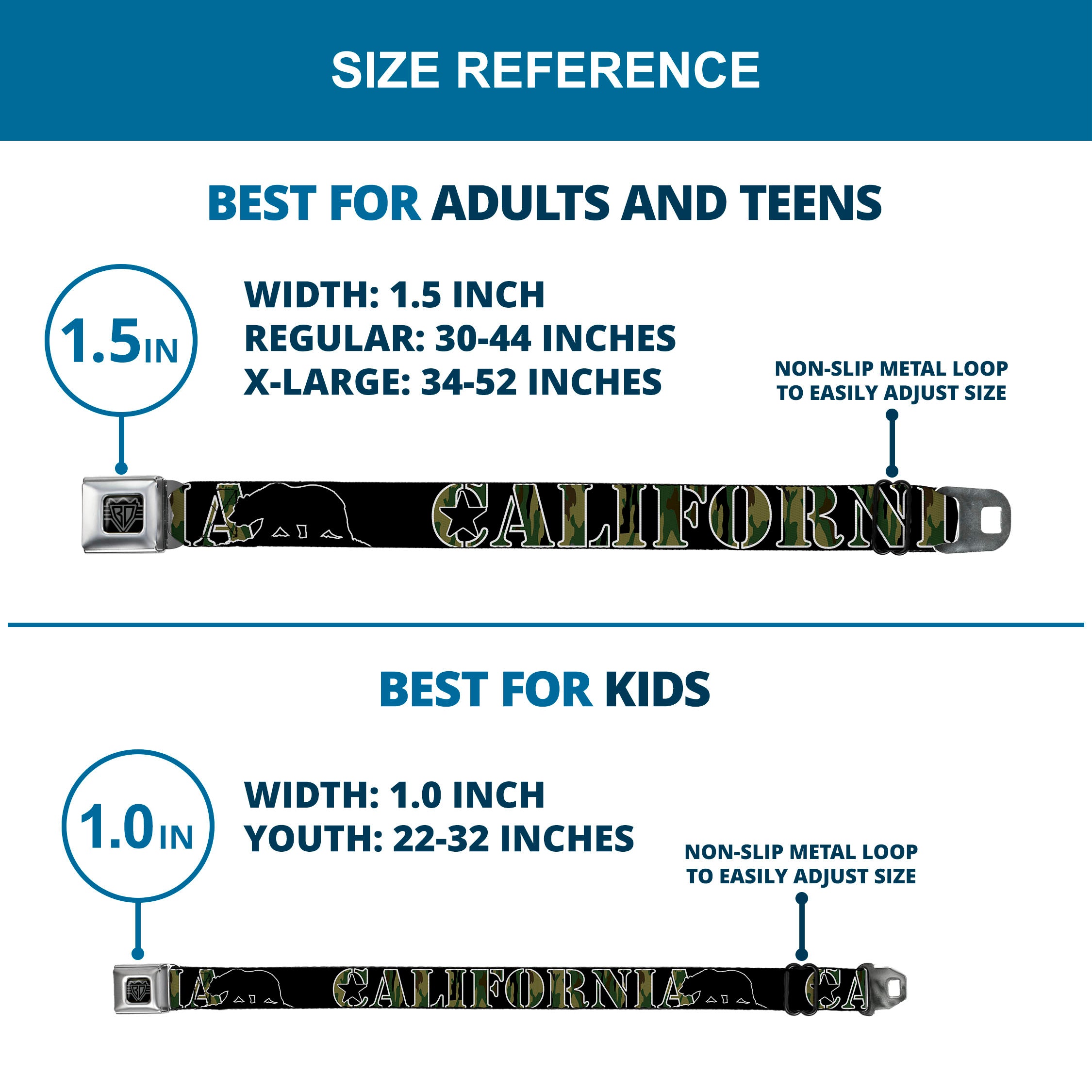 BD Wings Logo CLOSE-UP Full Color Black Silver Seatbelt Belt - CALIFORNIA/Bear Silhouette Black/Camo Olive Webbing Seatbelt Belts Buckle-Down