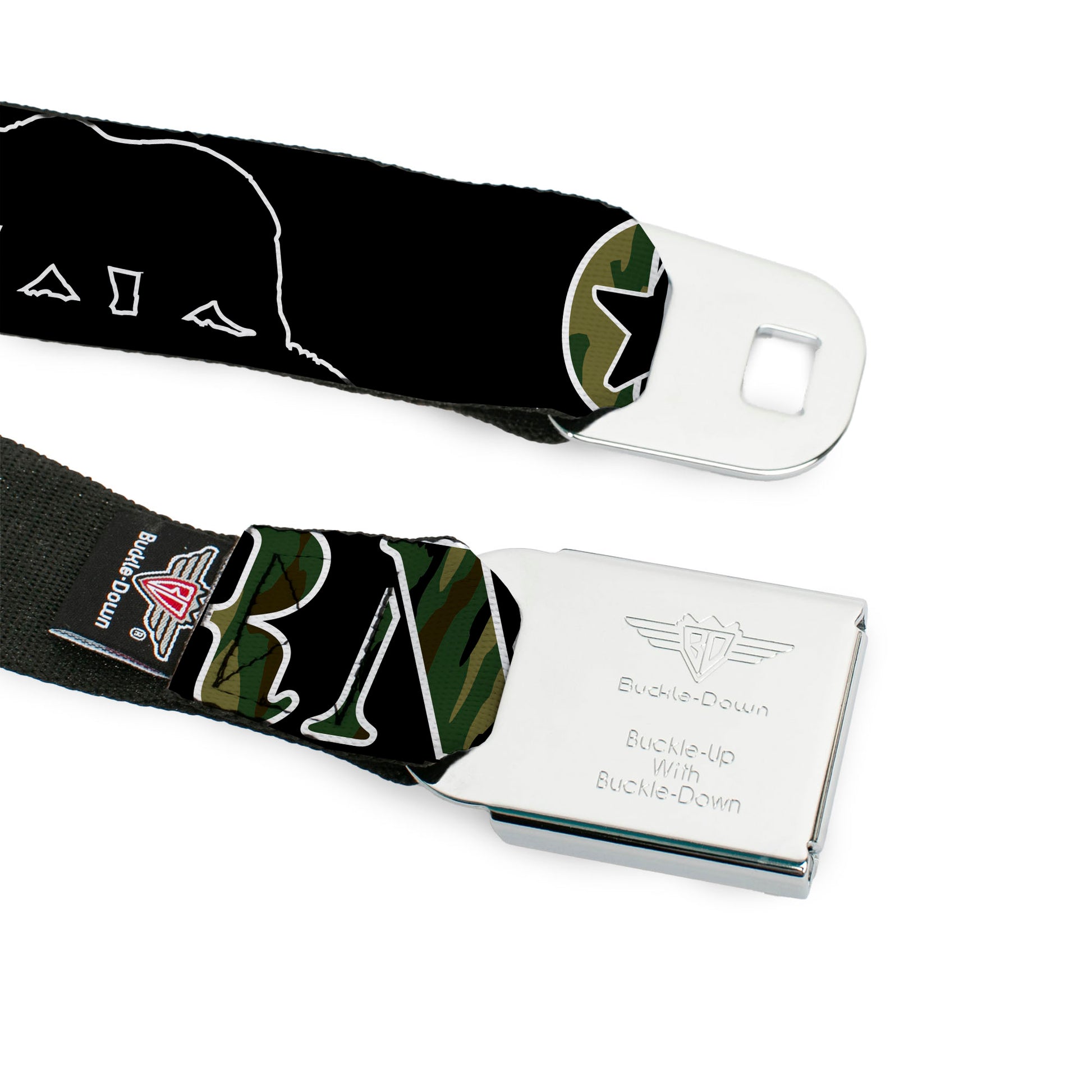 BD Wings Logo CLOSE-UP Full Color Black Silver Seatbelt Belt - CALIFORNIA/Bear Silhouette Black/Camo Olive Webbing Seatbelt Belts Buckle-Down