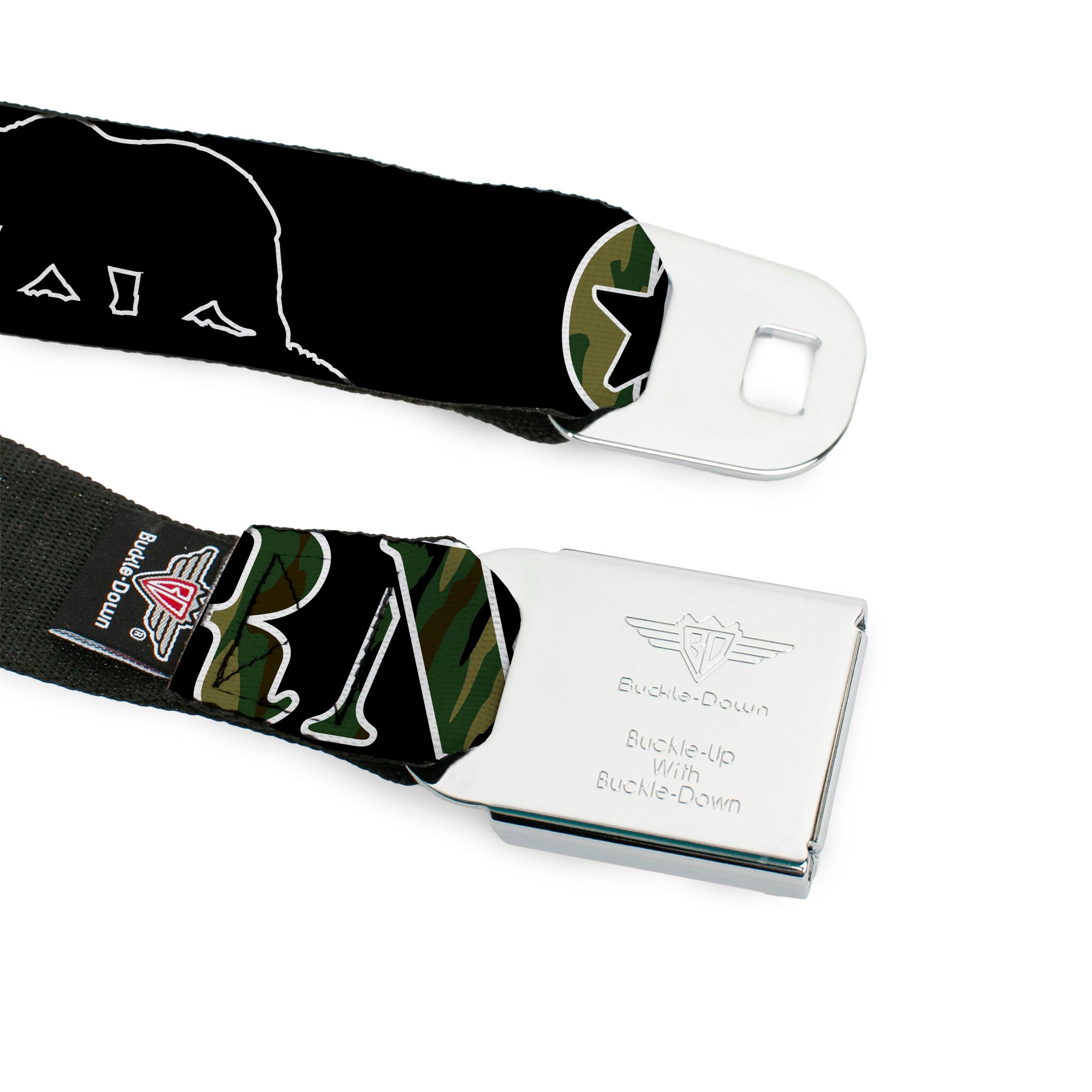 BD Wings Logo CLOSE-UP Full Color Black Silver Seatbelt Belt - CALIFORNIA/Bear Silhouette Black/Camo Olive Webbing Seatbelt Belts Buckle-Down