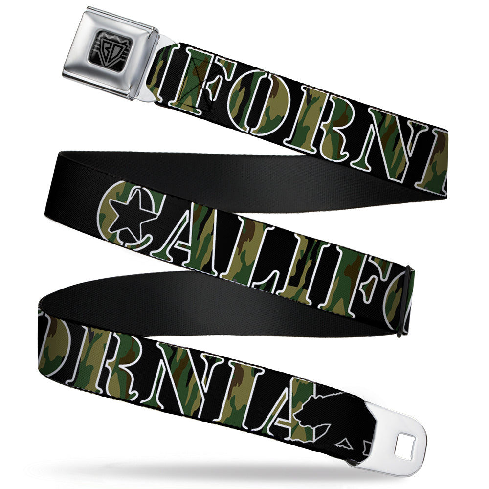 BD Wings Logo CLOSE-UP Full Color Black Silver Seatbelt Belt - CALIFORNIA/Bear Silhouette Black/Camo Olive Webbing Seatbelt Belts Buckle-Down