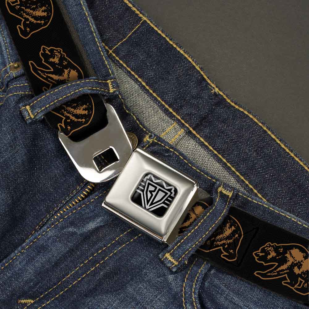BD Wings Logo CLOSE-UP Full Color Black Silver Seatbelt Belt - California Grizzly Bear Outline Black/Brown Webbing Seatbelt Belts Buckle-Down