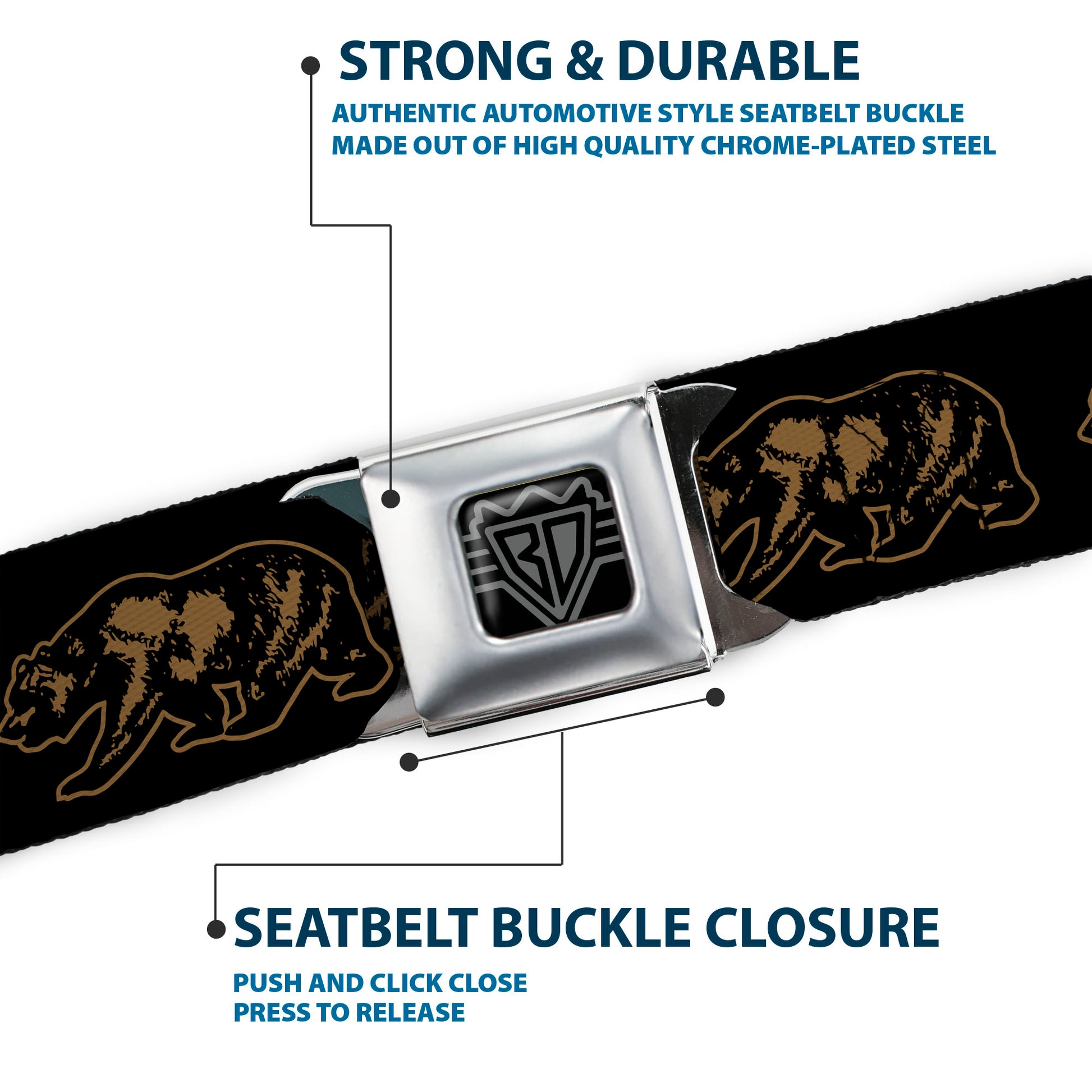 BD Wings Logo CLOSE-UP Full Color Black Silver Seatbelt Belt - California Grizzly Bear Outline Black/Brown Webbing Seatbelt Belts Buckle-Down