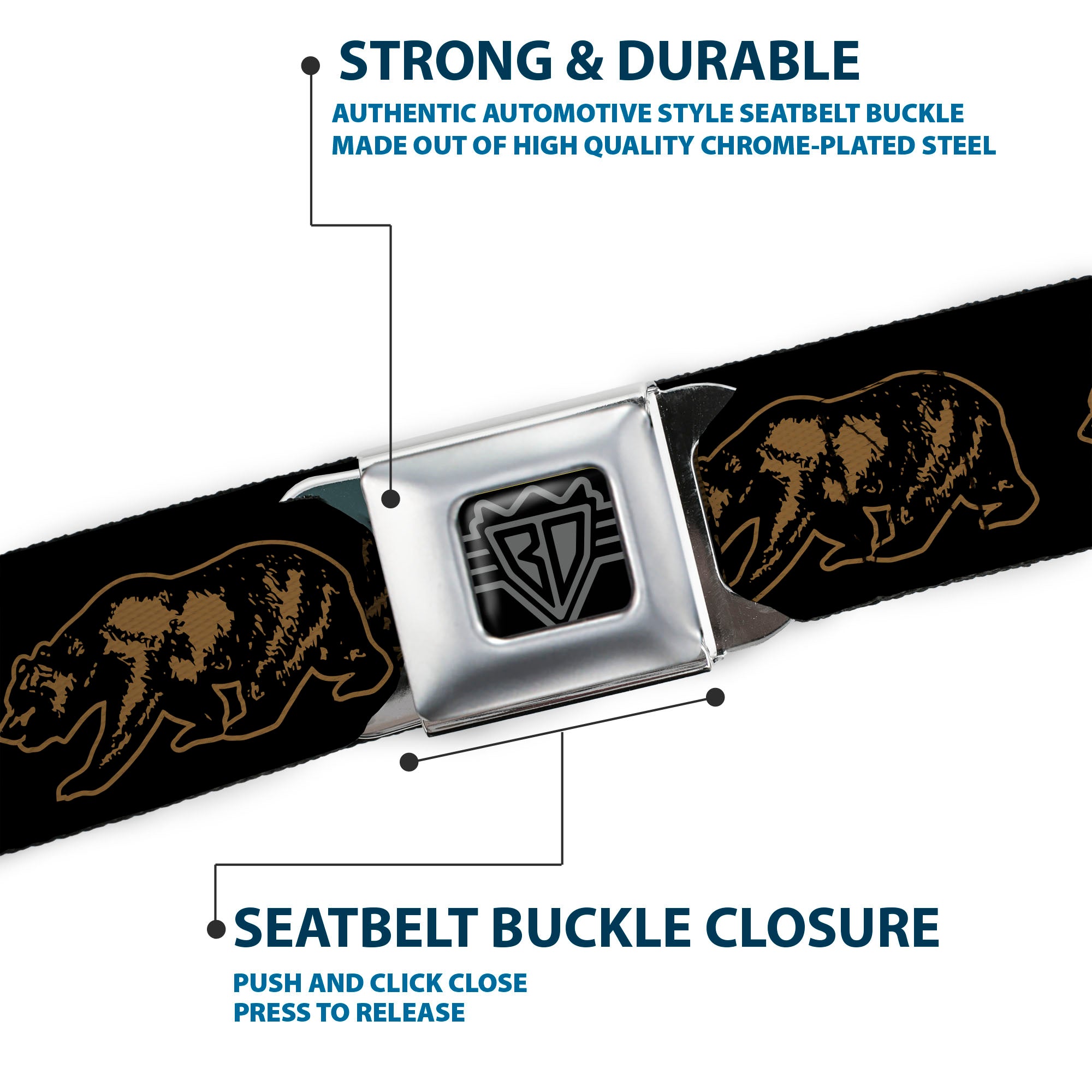 BD Wings Logo CLOSE-UP Full Color Black Silver Seatbelt Belt - California Grizzly Bear Outline Black/Brown Webbing Seatbelt Belts Buckle-Down