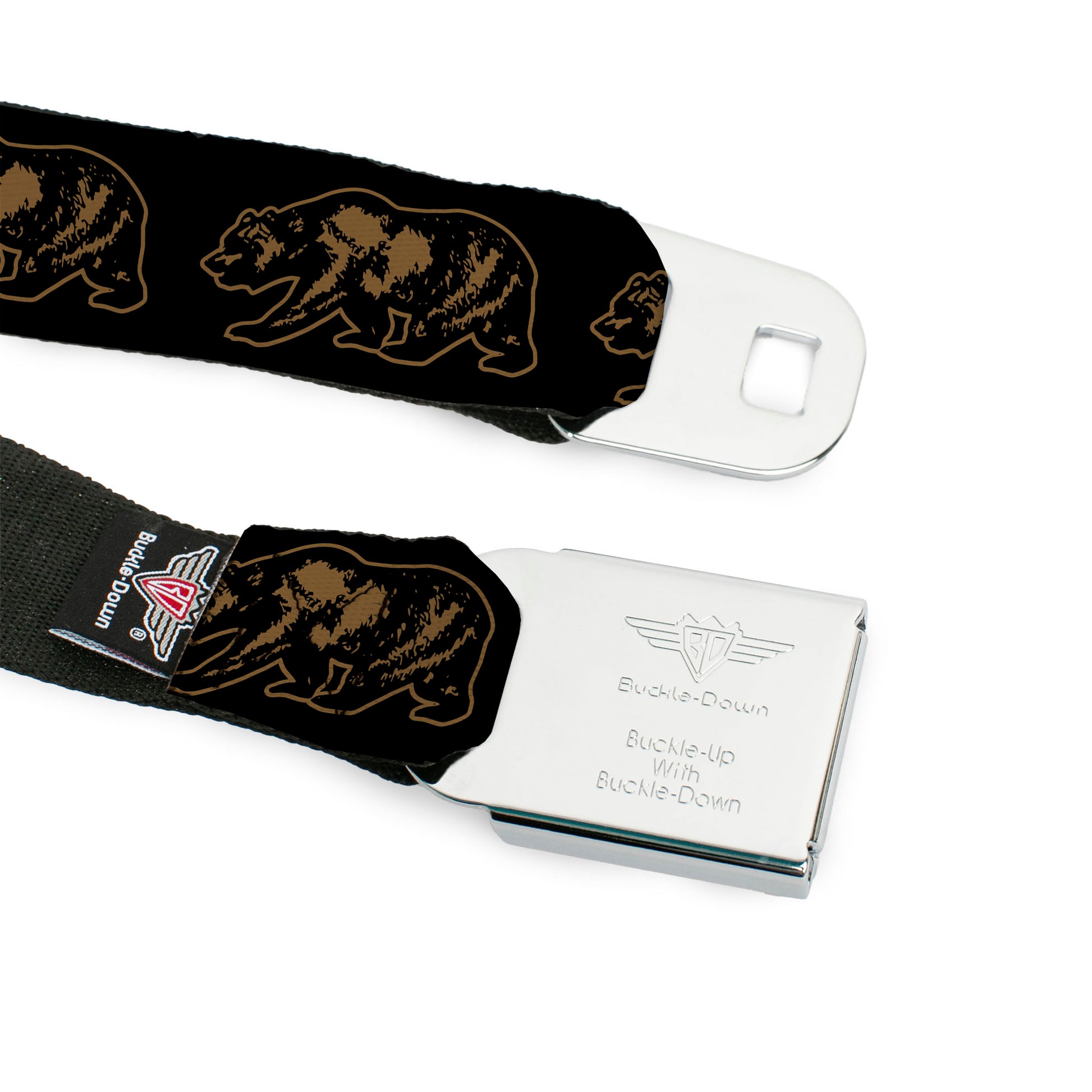 BD Wings Logo CLOSE-UP Full Color Black Silver Seatbelt Belt - California Grizzly Bear Outline Black/Brown Webbing Seatbelt Belts Buckle-Down