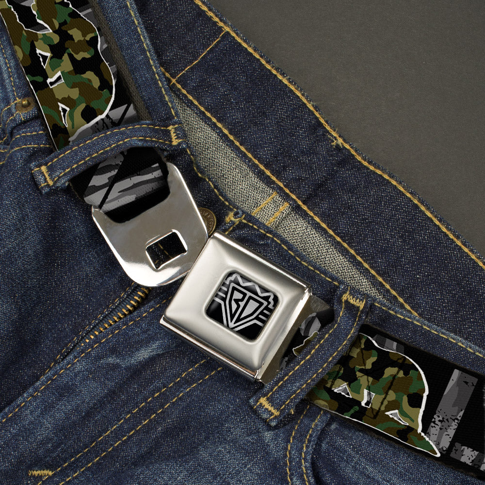 BD Wings Logo CLOSE-UP Full Color Black Silver Seatbelt Belt - CALIFORNIA/Flag Bear Black/Camo Gray/Camo Olive Webbing Seatbelt Belts Buckle-Down