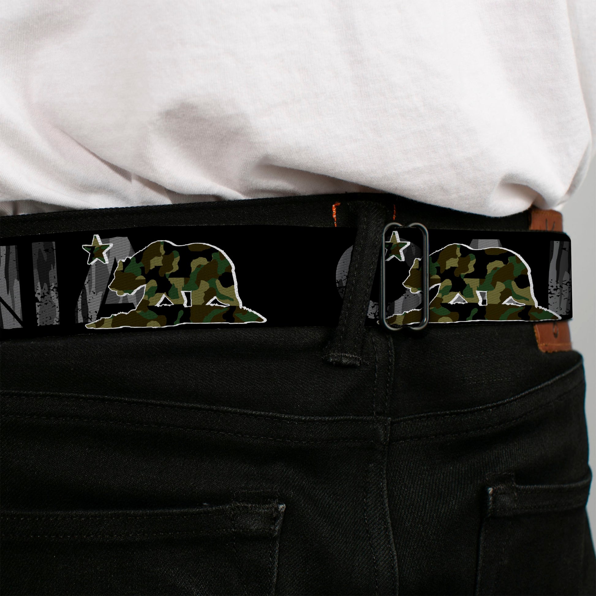BD Wings Logo CLOSE-UP Full Color Black Silver Seatbelt Belt - CALIFORNIA/Flag Bear Black/Camo Gray/Camo Olive Webbing Seatbelt Belts Buckle-Down