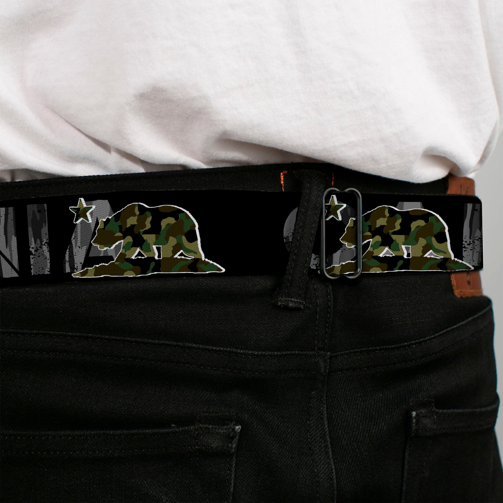 BD Wings Logo CLOSE-UP Full Color Black Silver Seatbelt Belt - CALIFORNIA/Flag Bear Black/Camo Gray/Camo Olive Webbing Seatbelt Belts Buckle-Down