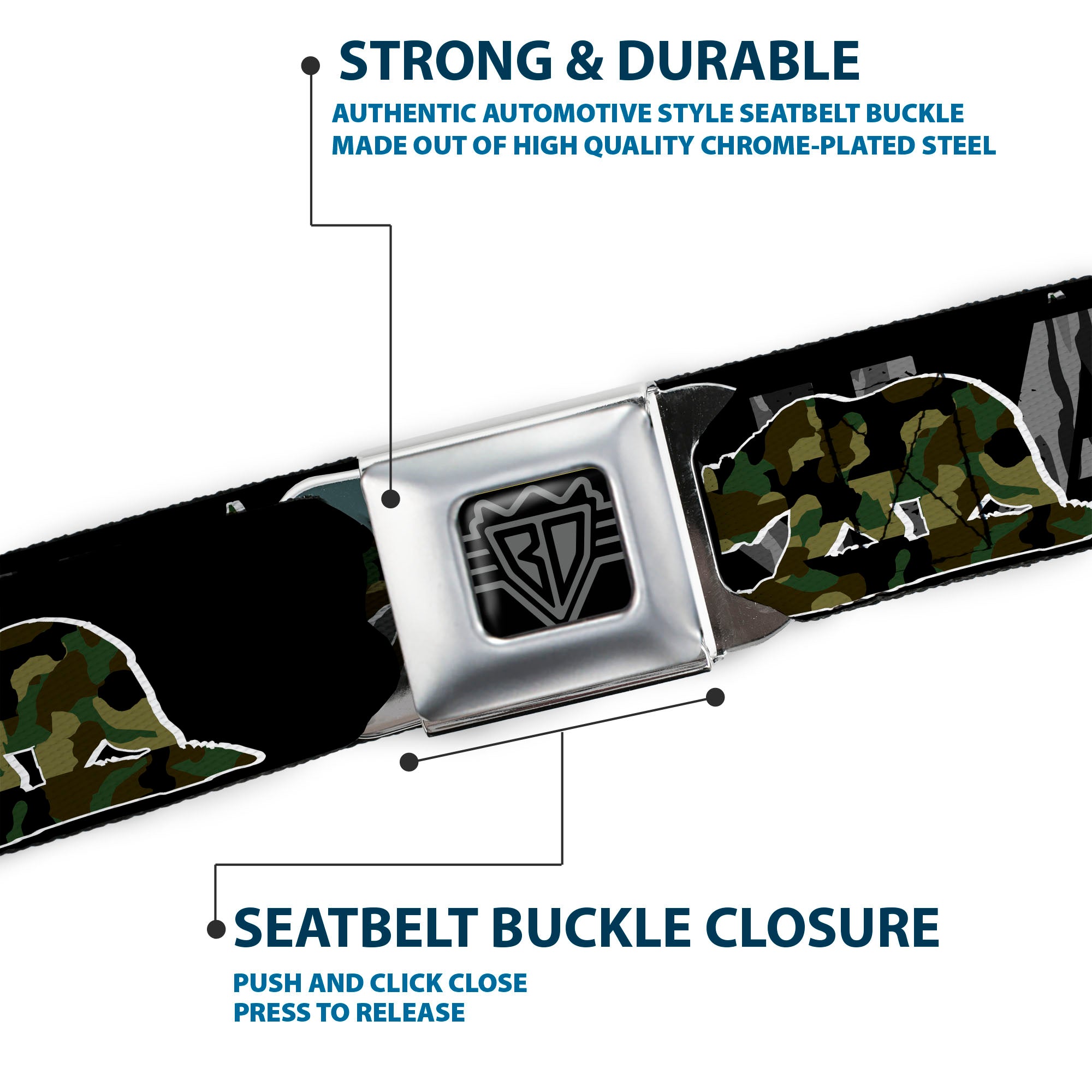 BD Wings Logo CLOSE-UP Full Color Black Silver Seatbelt Belt - CALIFORNIA/Flag Bear Black/Camo Gray/Camo Olive Webbing Seatbelt Belts Buckle-Down