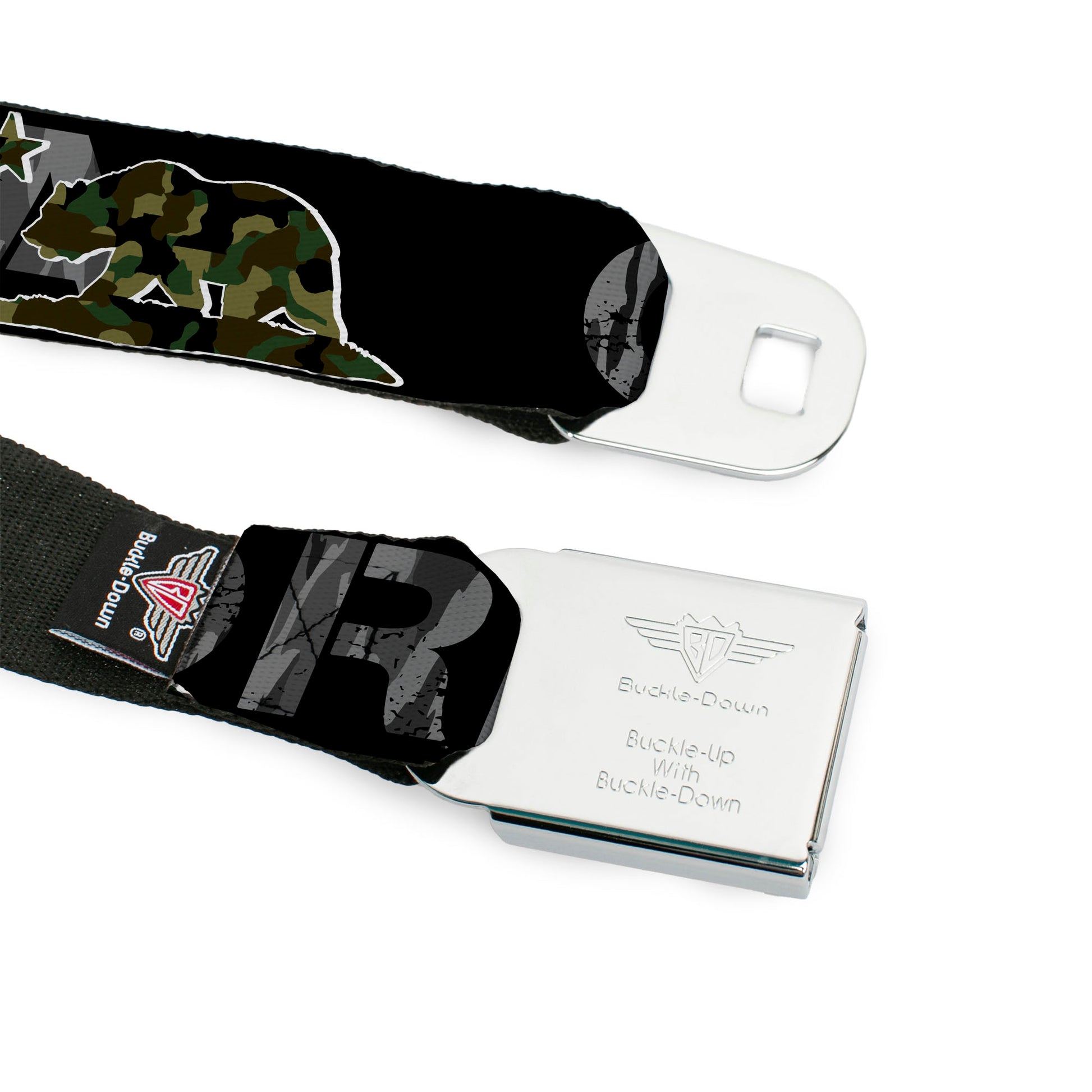 BD Wings Logo CLOSE-UP Full Color Black Silver Seatbelt Belt - CALIFORNIA/Flag Bear Black/Camo Gray/Camo Olive Webbing Seatbelt Belts Buckle-Down