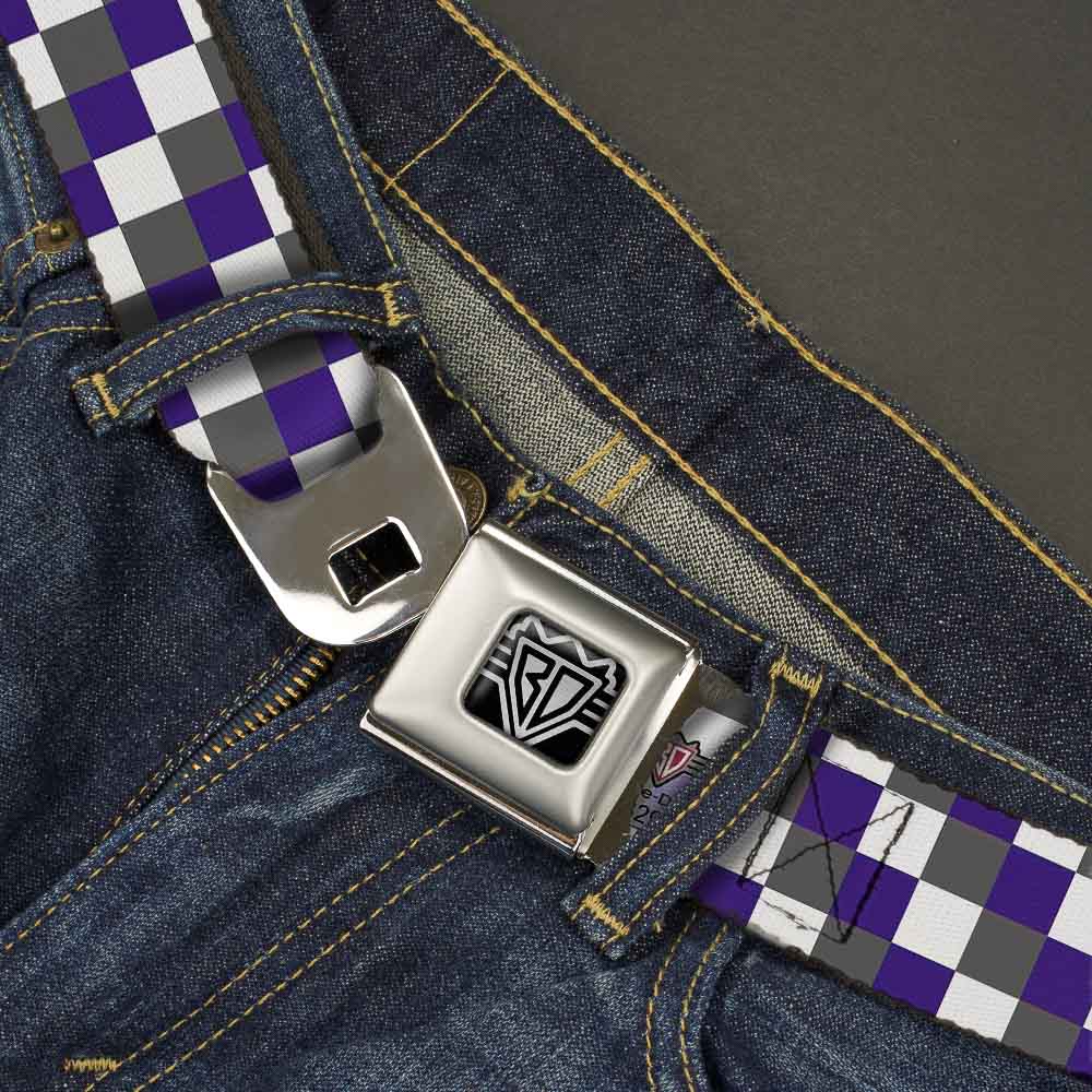 BD Wings Logo CLOSE-UP Full Color Black Silver Seatbelt Belt - Checker Gray/Purple/White Webbing Seatbelt Belts Buckle-Down
