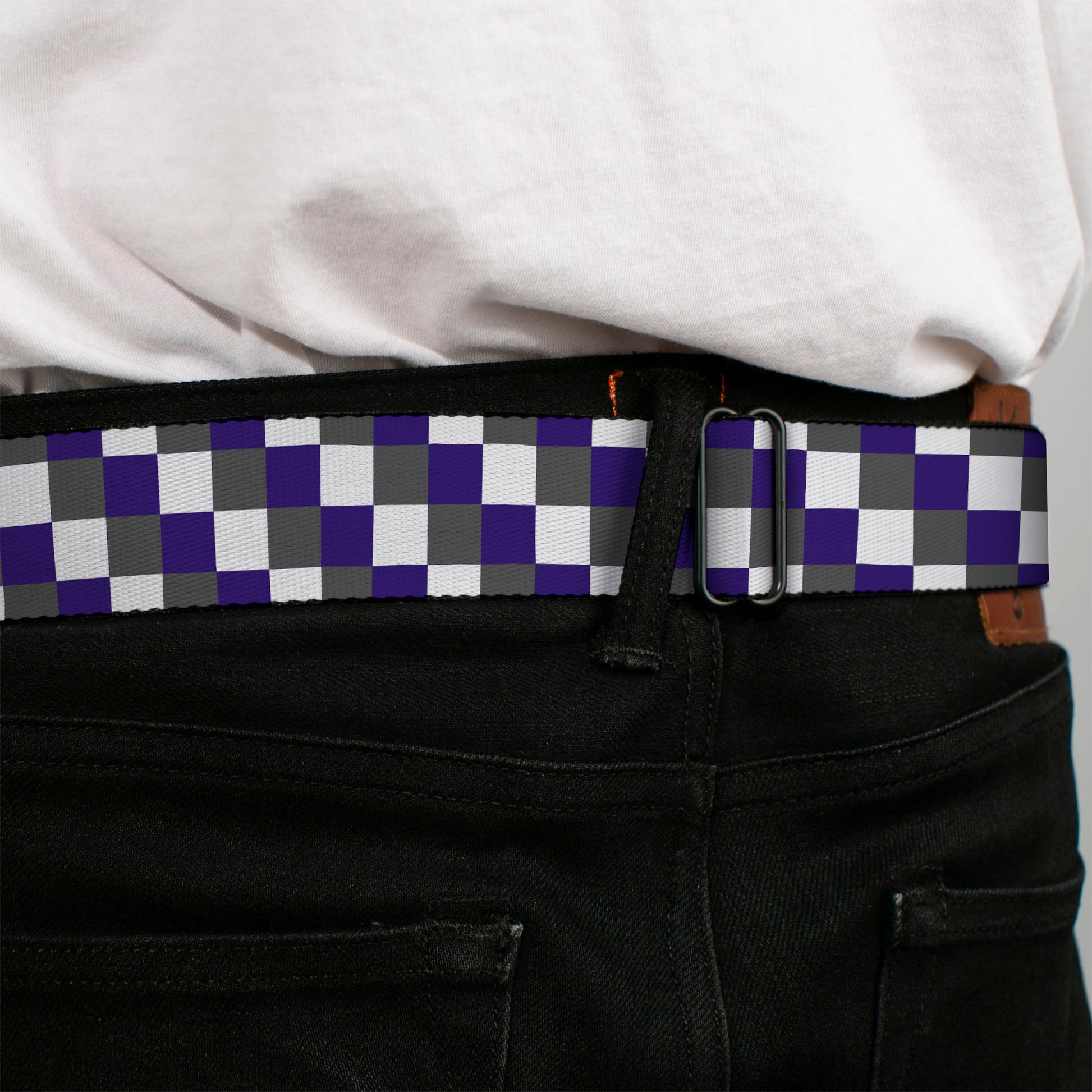 BD Wings Logo CLOSE-UP Full Color Black Silver Seatbelt Belt - Checker Gray/Purple/White Webbing Seatbelt Belts Buckle-Down