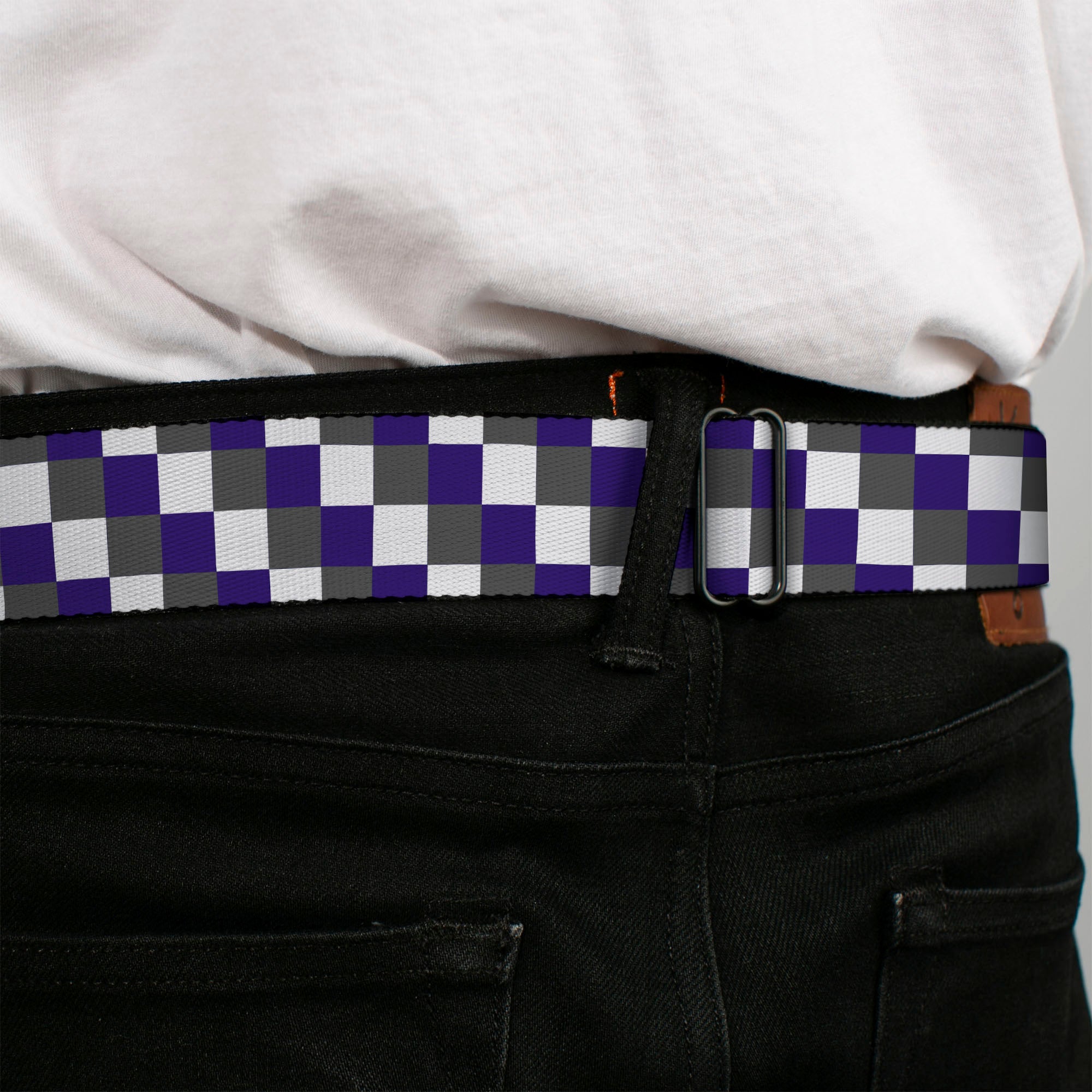 BD Wings Logo CLOSE-UP Full Color Black Silver Seatbelt Belt - Checker Gray/Purple/White Webbing Seatbelt Belts Buckle-Down