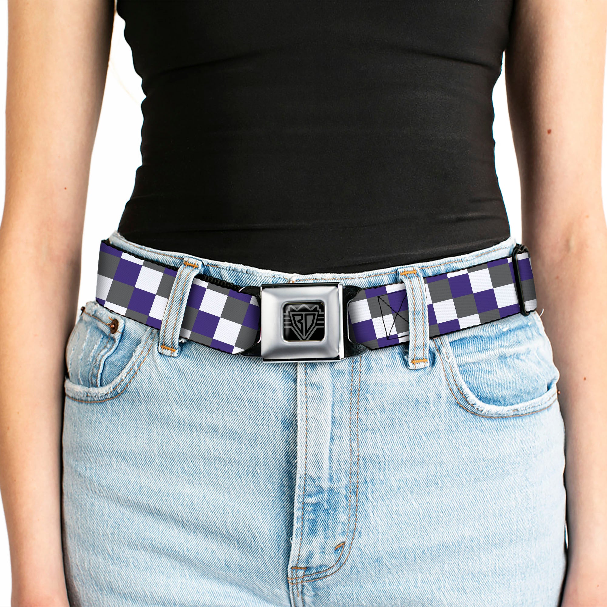 BD Wings Logo CLOSE-UP Full Color Black Silver Seatbelt Belt - Checker Gray/Purple/White Webbing Seatbelt Belts Buckle-Down
