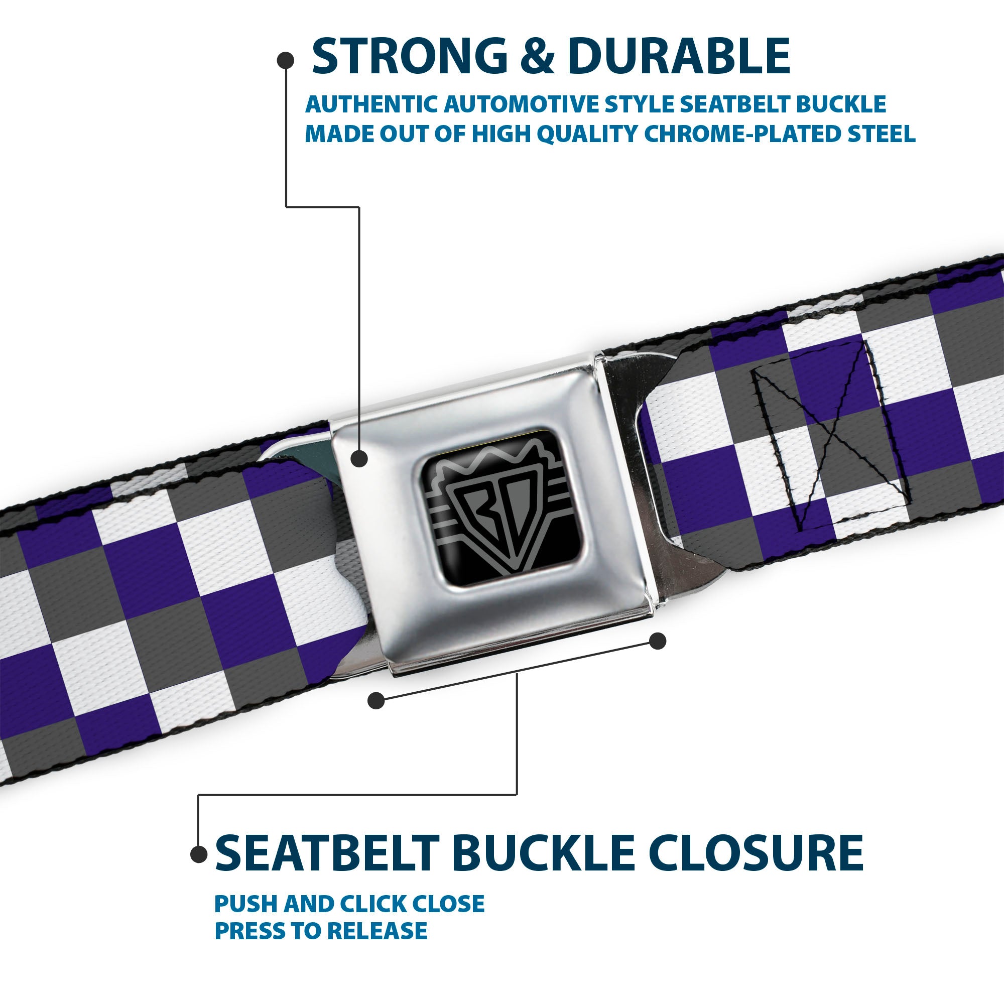 BD Wings Logo CLOSE-UP Full Color Black Silver Seatbelt Belt - Checker Gray/Purple/White Webbing Seatbelt Belts Buckle-Down