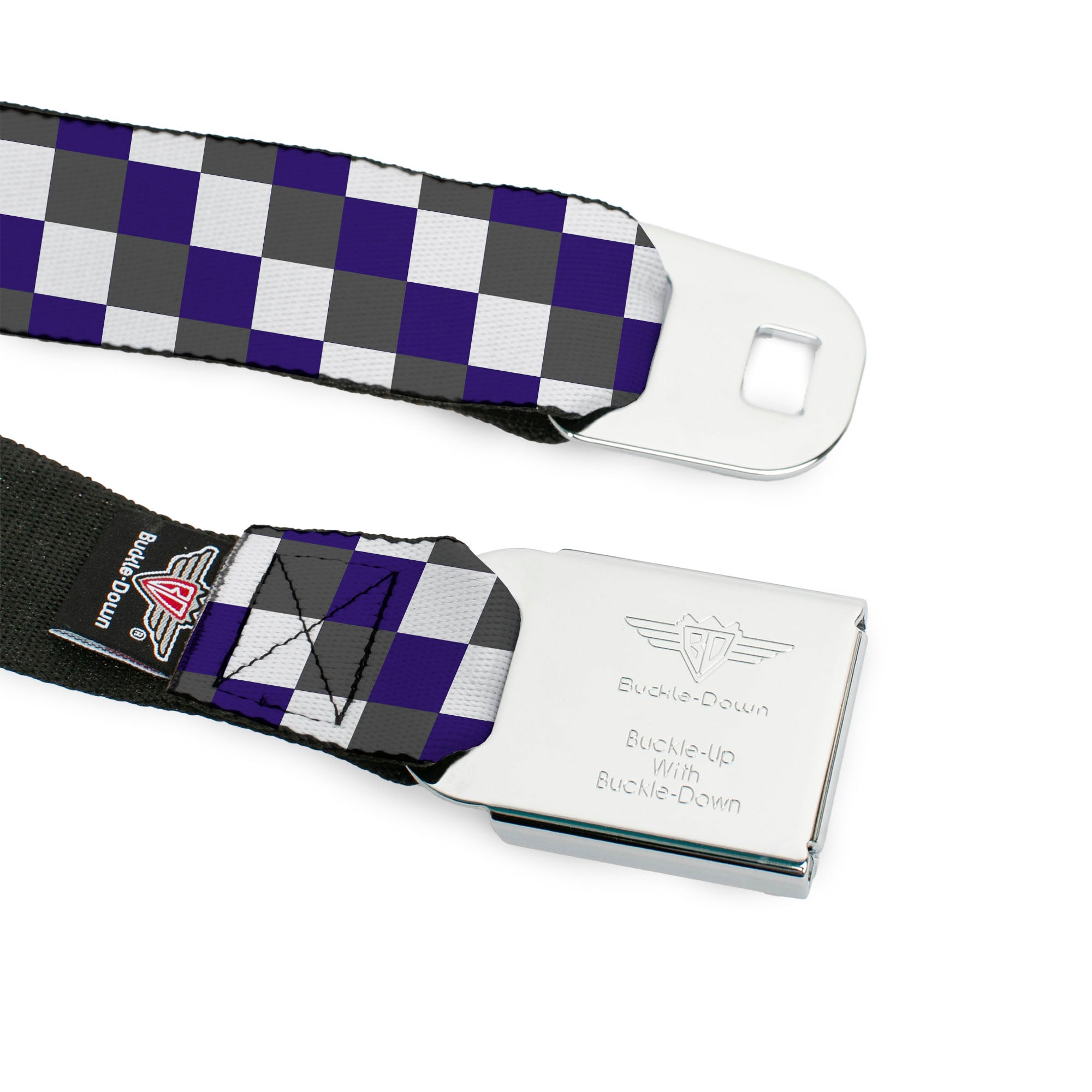BD Wings Logo CLOSE-UP Full Color Black Silver Seatbelt Belt - Checker Gray/Purple/White Webbing Seatbelt Belts Buckle-Down