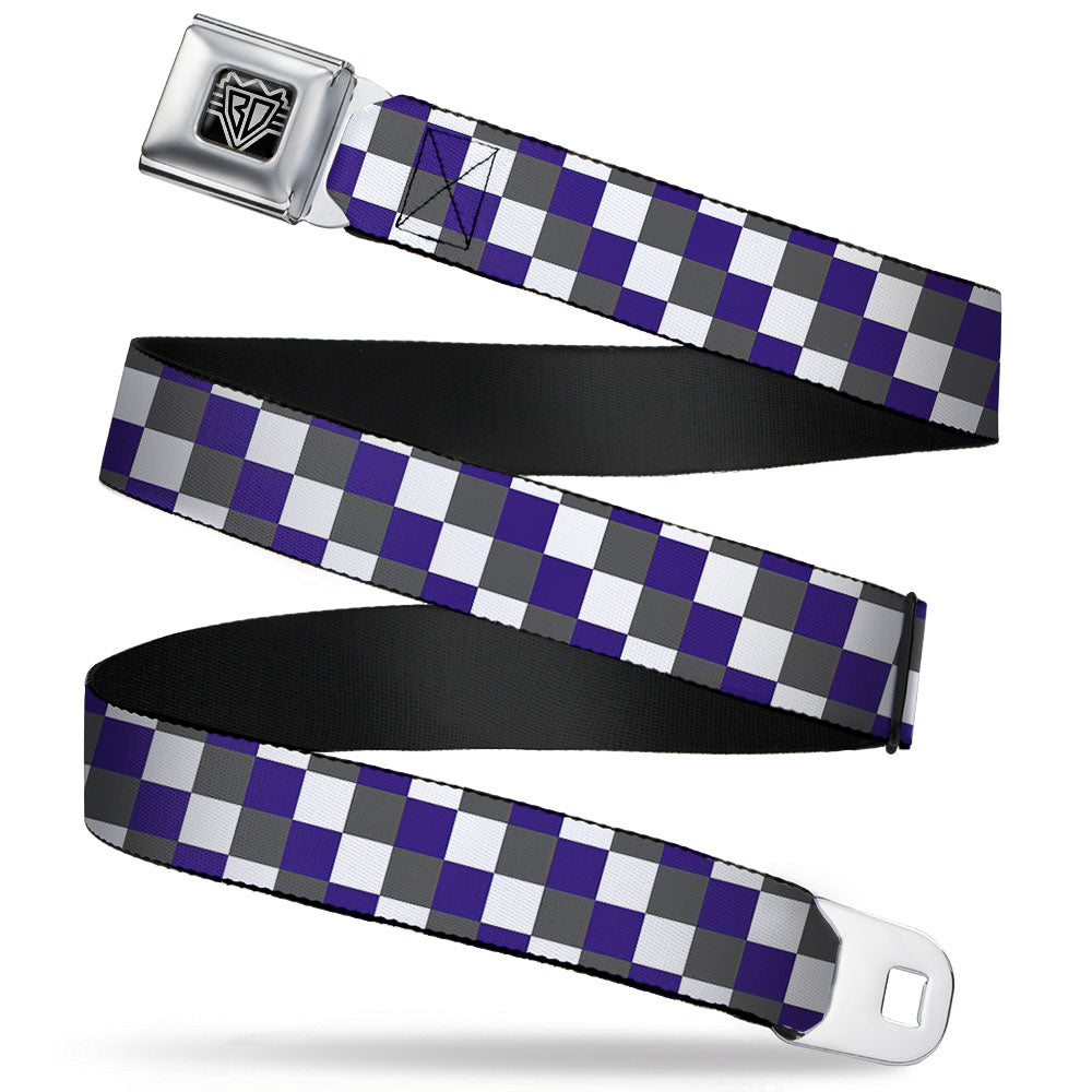 BD Wings Logo CLOSE-UP Full Color Black Silver Seatbelt Belt - Checker Gray/Purple/White Webbing Seatbelt Belts Buckle-Down