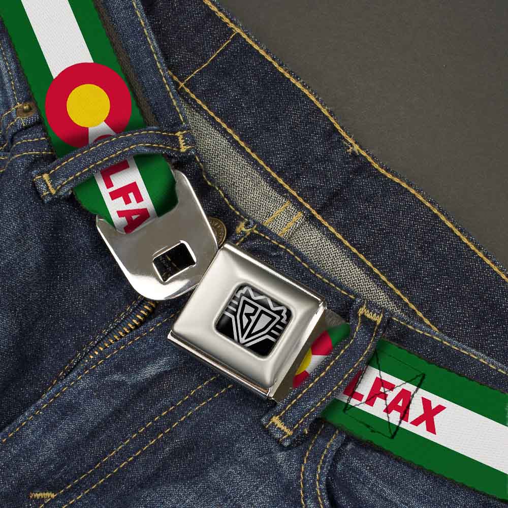 BD Wings Logo CLOSE-UP Full Color Black Silver Seatbelt Belt - COLFAX Green Stripe Webbing Seatbelt Belts Buckle-Down