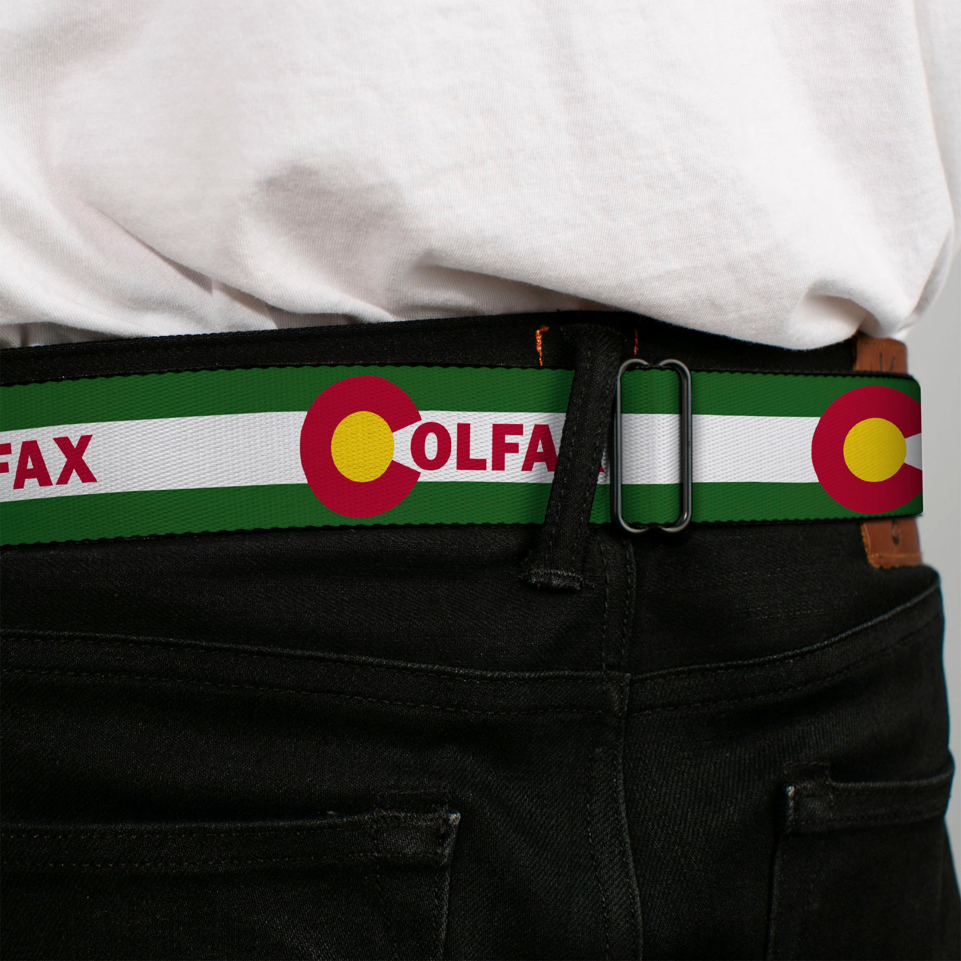 BD Wings Logo CLOSE-UP Full Color Black Silver Seatbelt Belt - COLFAX Green Stripe Webbing Seatbelt Belts Buckle-Down