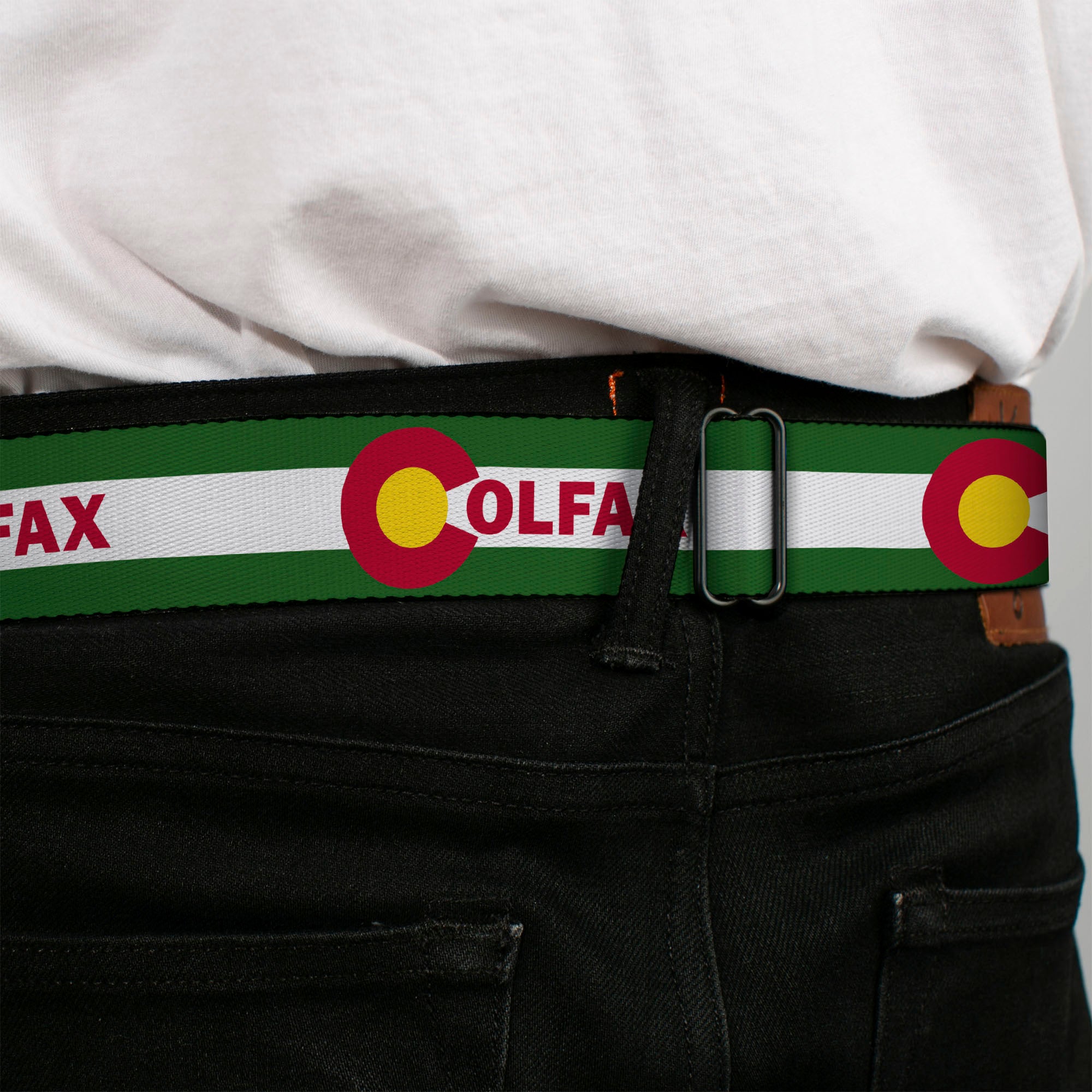 BD Wings Logo CLOSE-UP Full Color Black Silver Seatbelt Belt - COLFAX Green Stripe Webbing Seatbelt Belts Buckle-Down