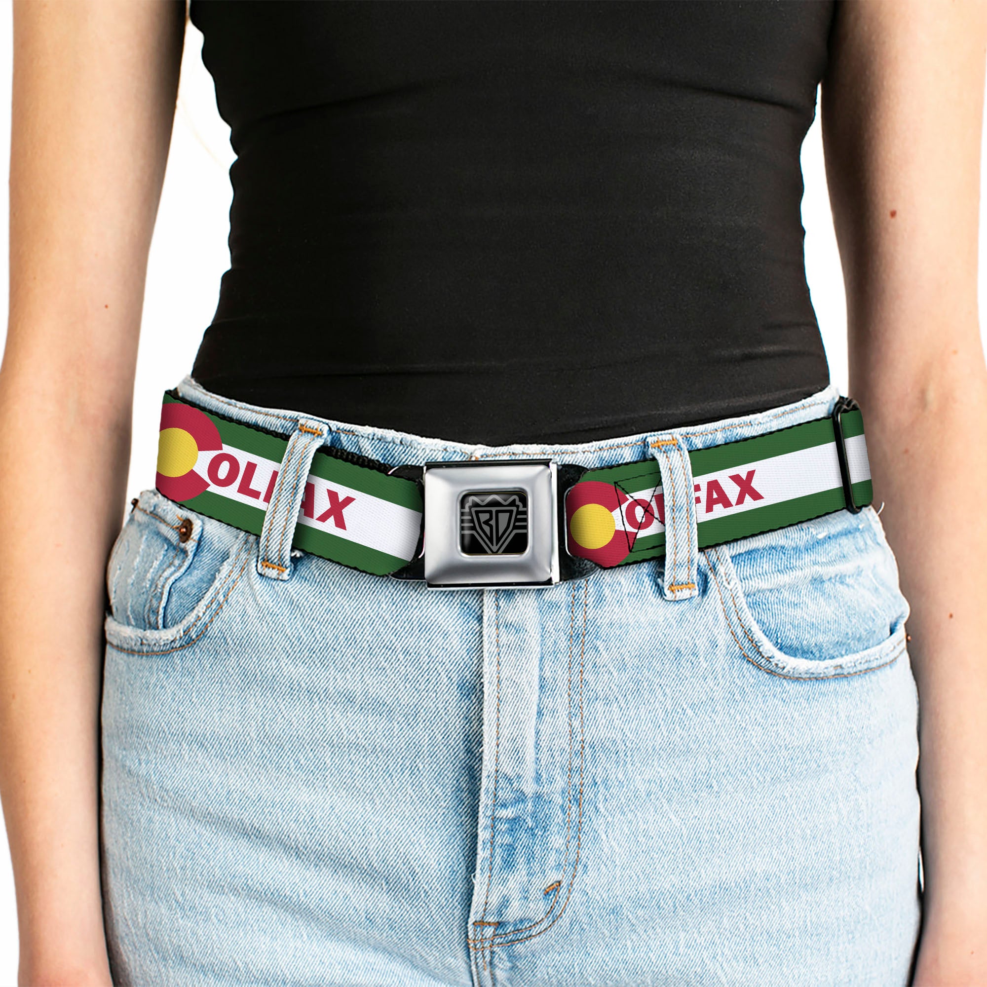BD Wings Logo CLOSE-UP Full Color Black Silver Seatbelt Belt - COLFAX Green Stripe Webbing Seatbelt Belts Buckle-Down