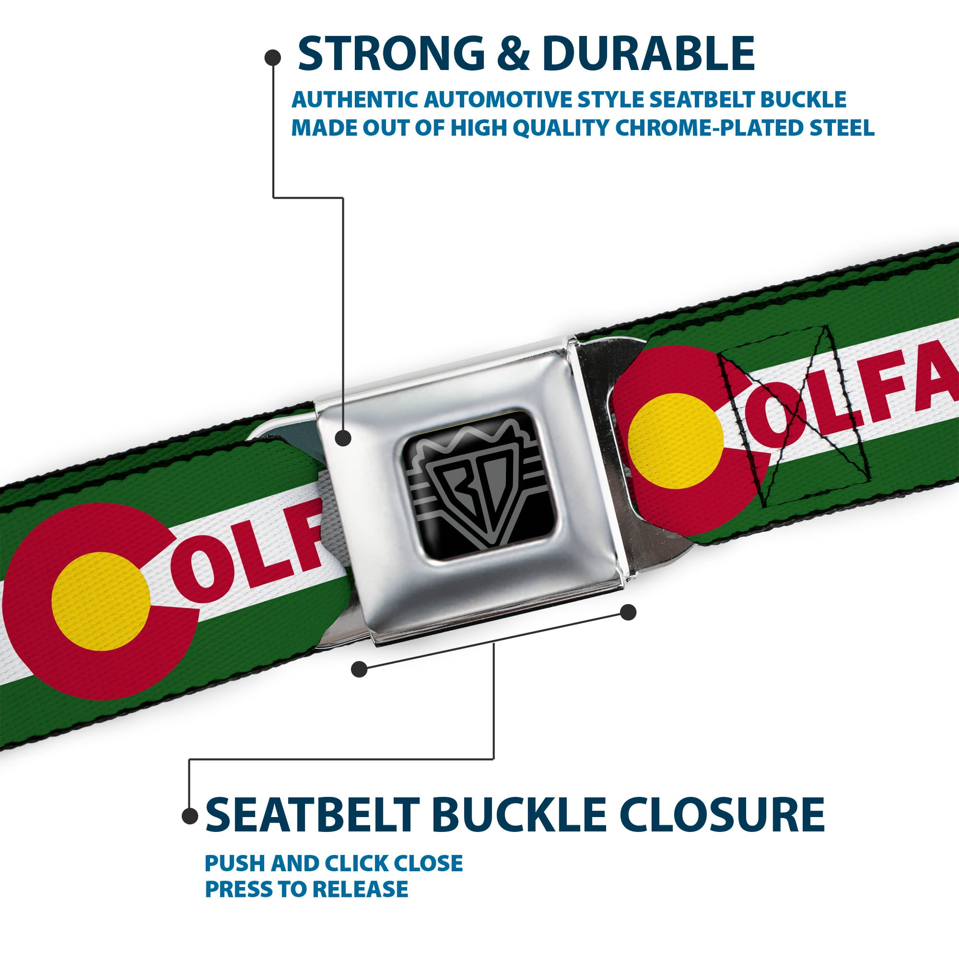 BD Wings Logo CLOSE-UP Full Color Black Silver Seatbelt Belt - COLFAX Green Stripe Webbing Seatbelt Belts Buckle-Down